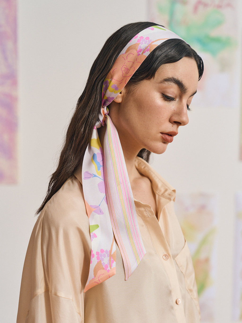 FRIDA x LOST PATTERN "Frida's Garden" Silk Skinny Scarf - Pink