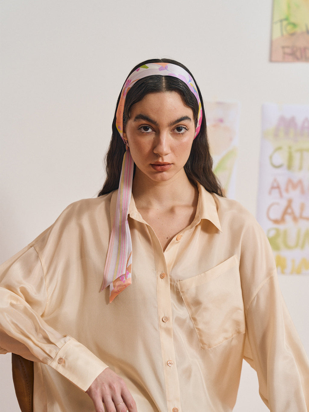 FRIDA x LOST PATTERN "Frida's Garden" Silk Skinny Scarf - Pink