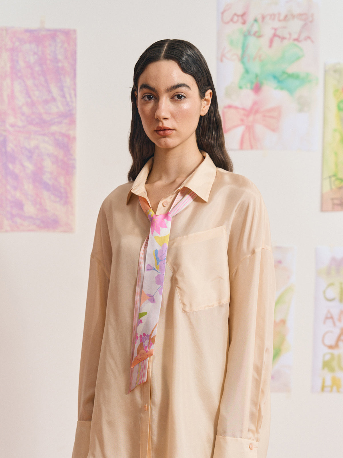 FRIDA x LOST PATTERN "Frida's Garden" Silk Skinny Scarf - Pink