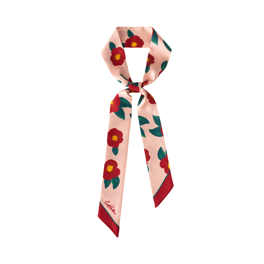 "Camellia" Silk Twill Skinny Scarf - Red & Pink - Red & Pink - LOST PATTERN Silk Skinny Scarf