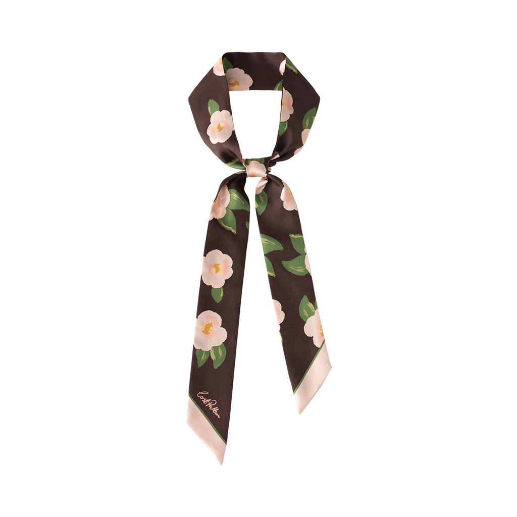 "Camellia" Silk Twill Skinny Scarf - Dark Brown - Dark Brown - LOST PATTERN Silk Skinny Scarf