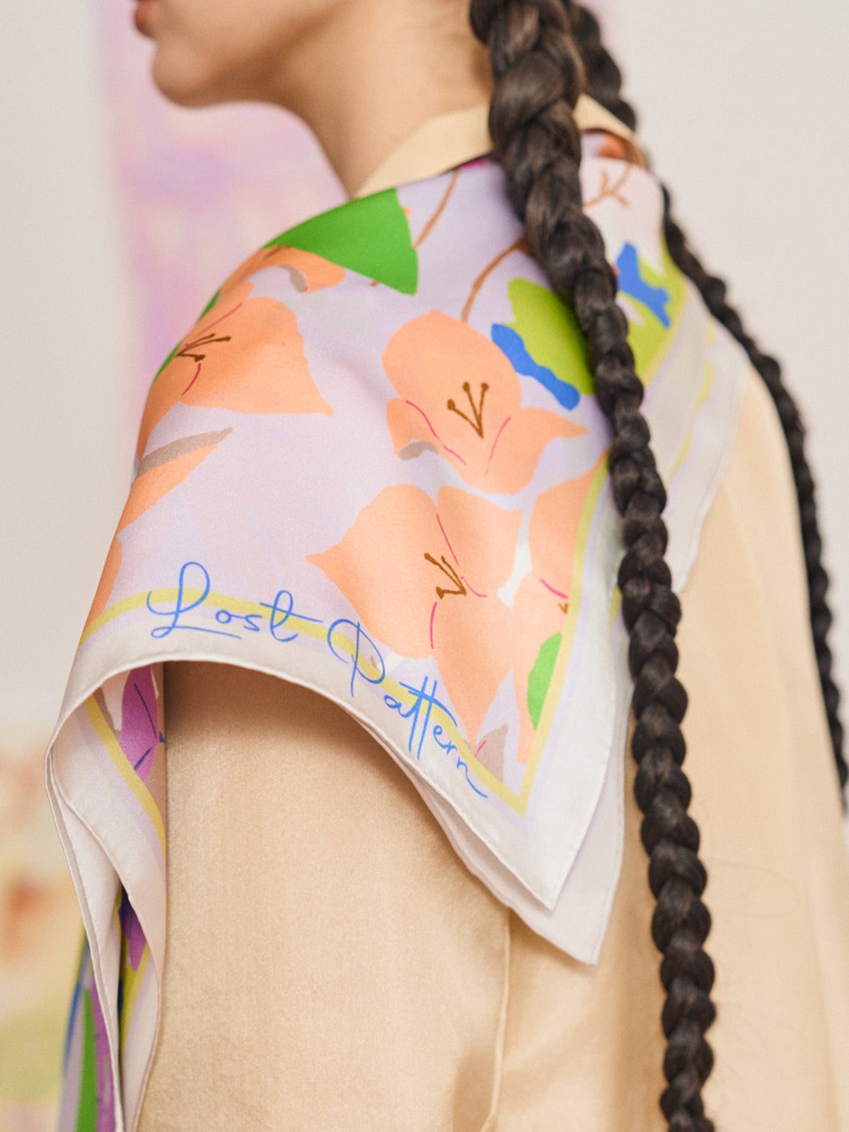 FRIDA x LOST PATTERN "Frida's Garden" Silk Bandana Scarf - Pink