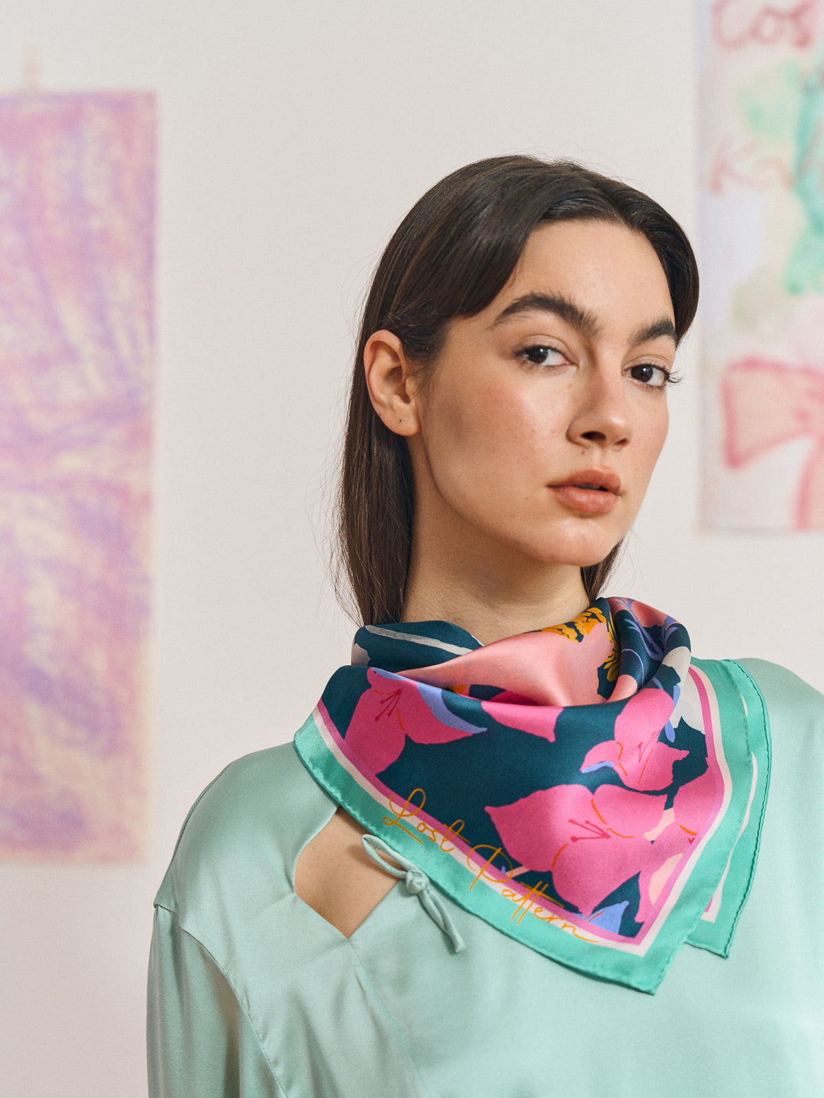 FRIDA x LOST PATTERN "Frida's Garden" Silk Bandana Scarf - Purple