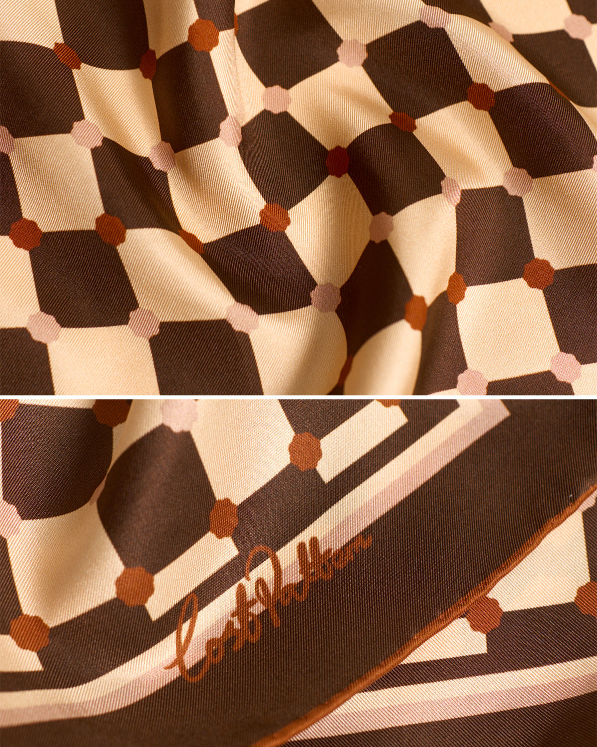 "Checkerboard" Silk Bandana Scarf - Coffee