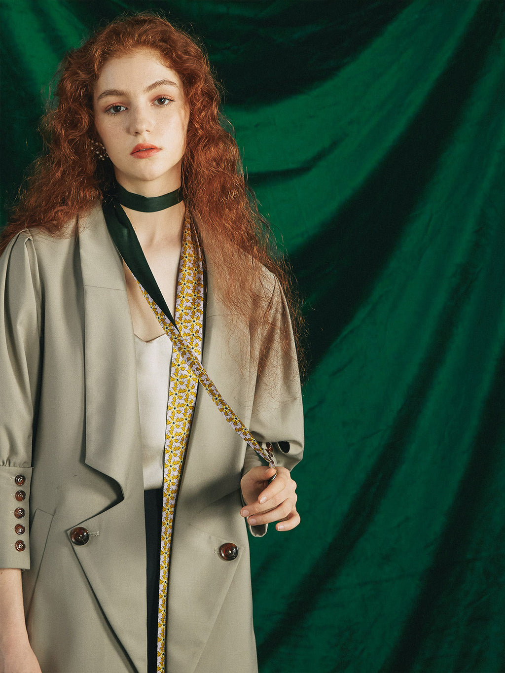 "Secret Garden" Silk Skinny Scarf - Yellow & Green