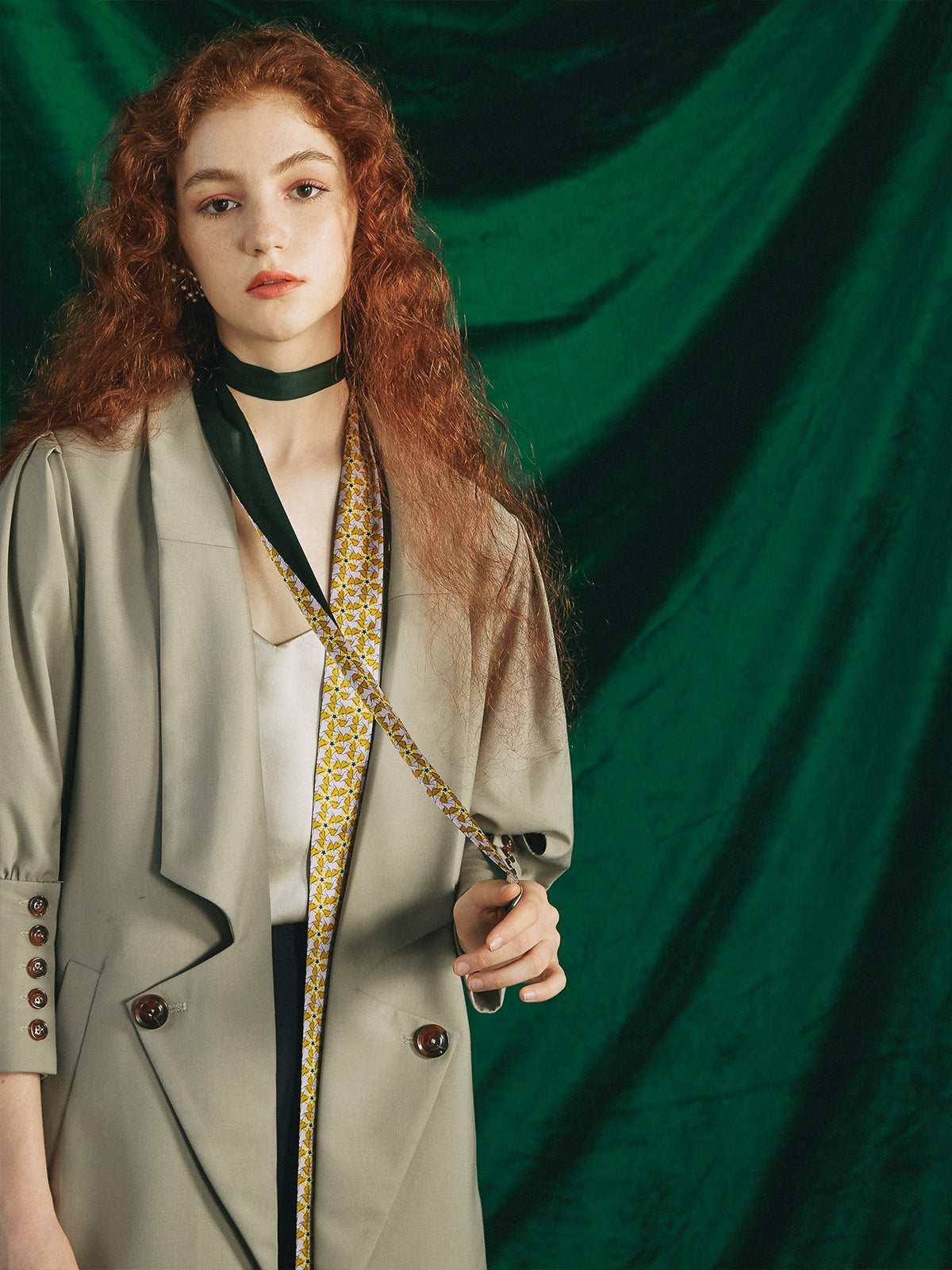 "Secret Garden" Silk Skinny Scarf - Yellow & Green