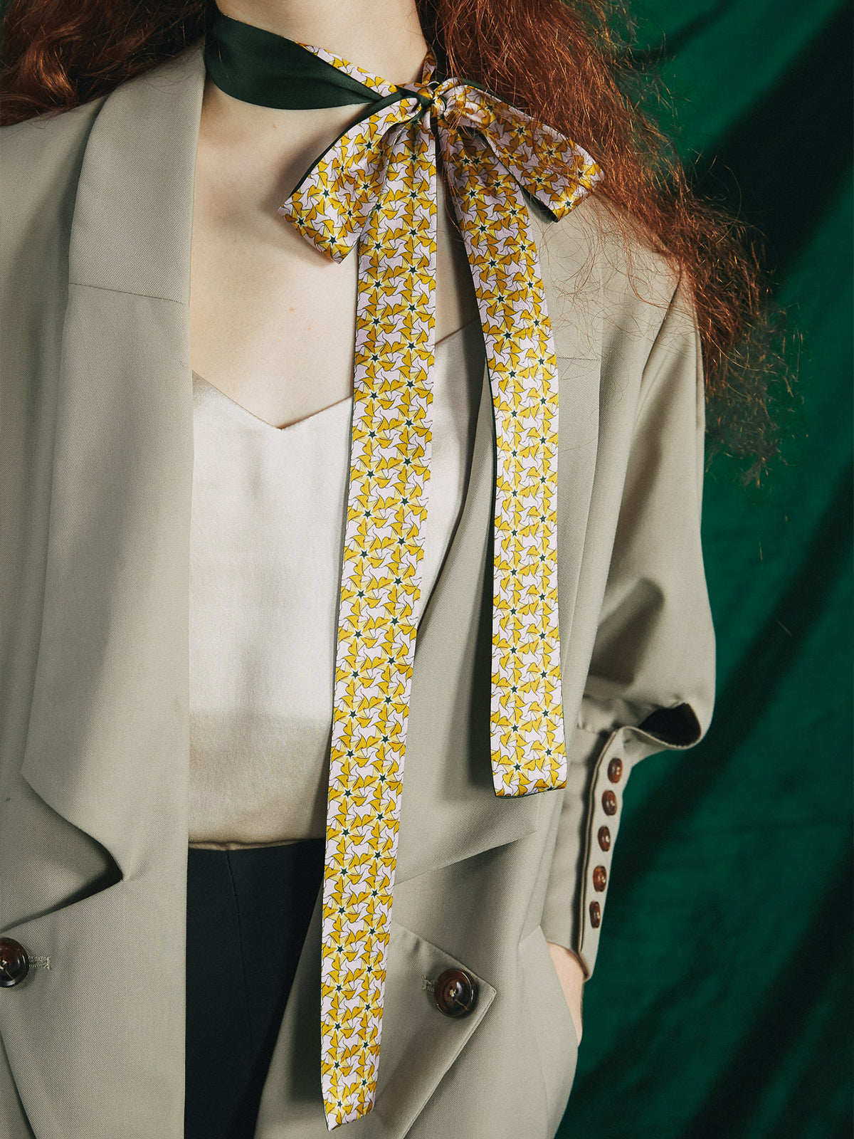 "Secret Garden" Silk Skinny Scarf - Yellow & Green