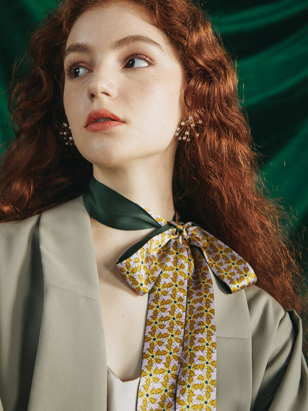 "Secret Garden" Silk Skinny Scarf - Yellow & Green