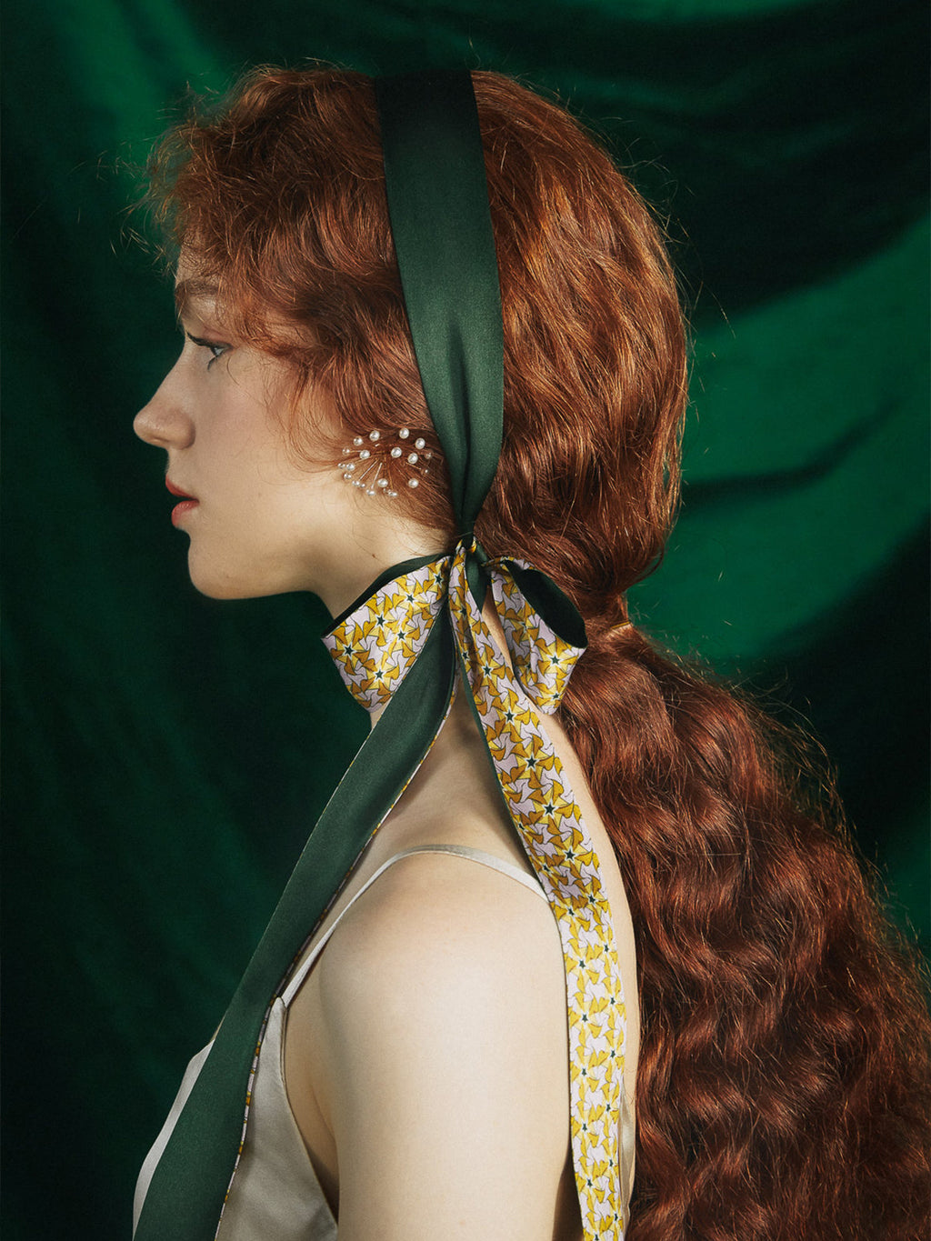 "Secret Garden" Silk Skinny Scarf - Yellow & Green