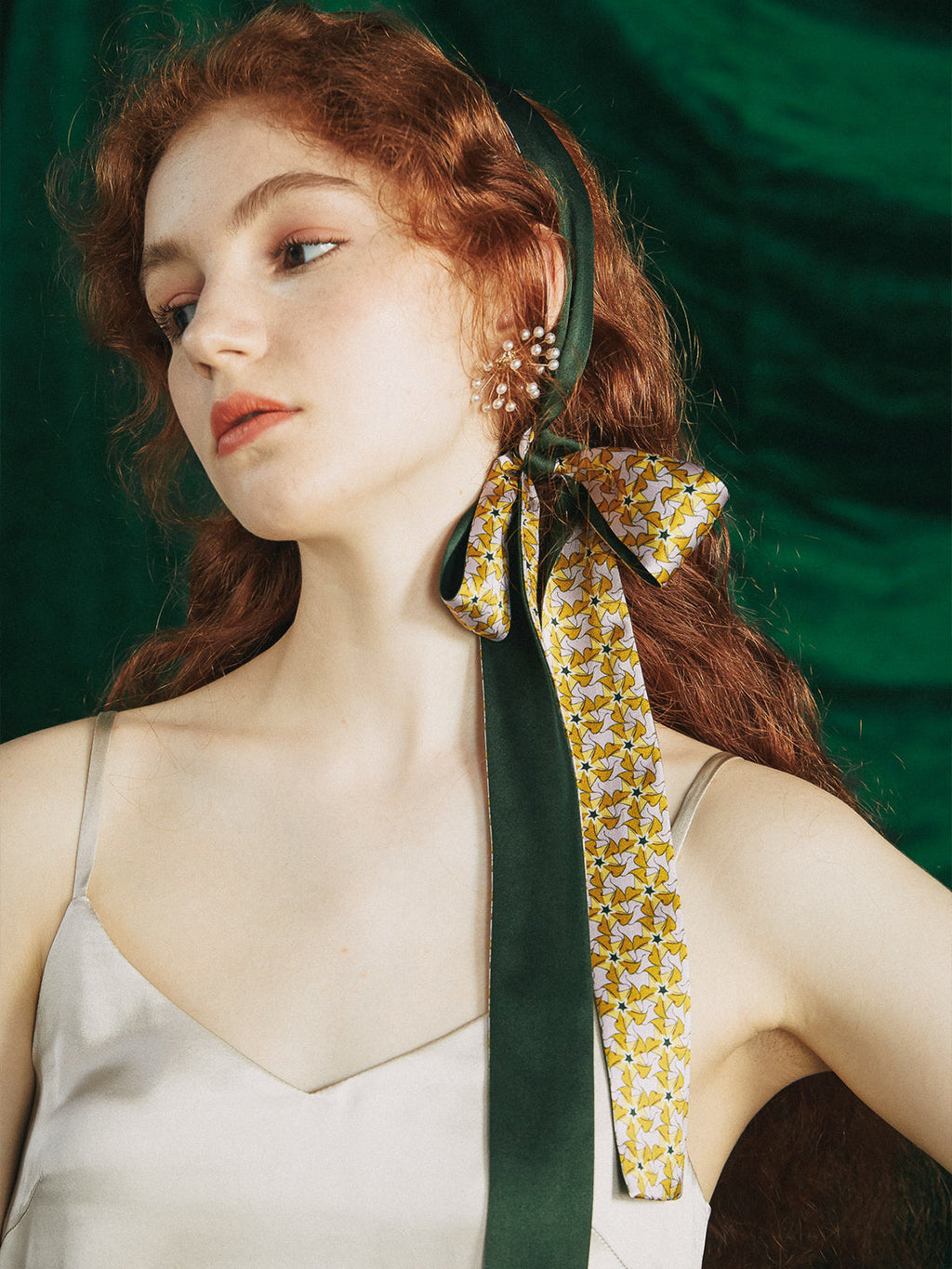 "Secret Garden" Silk Skinny Scarf - Yellow & Green