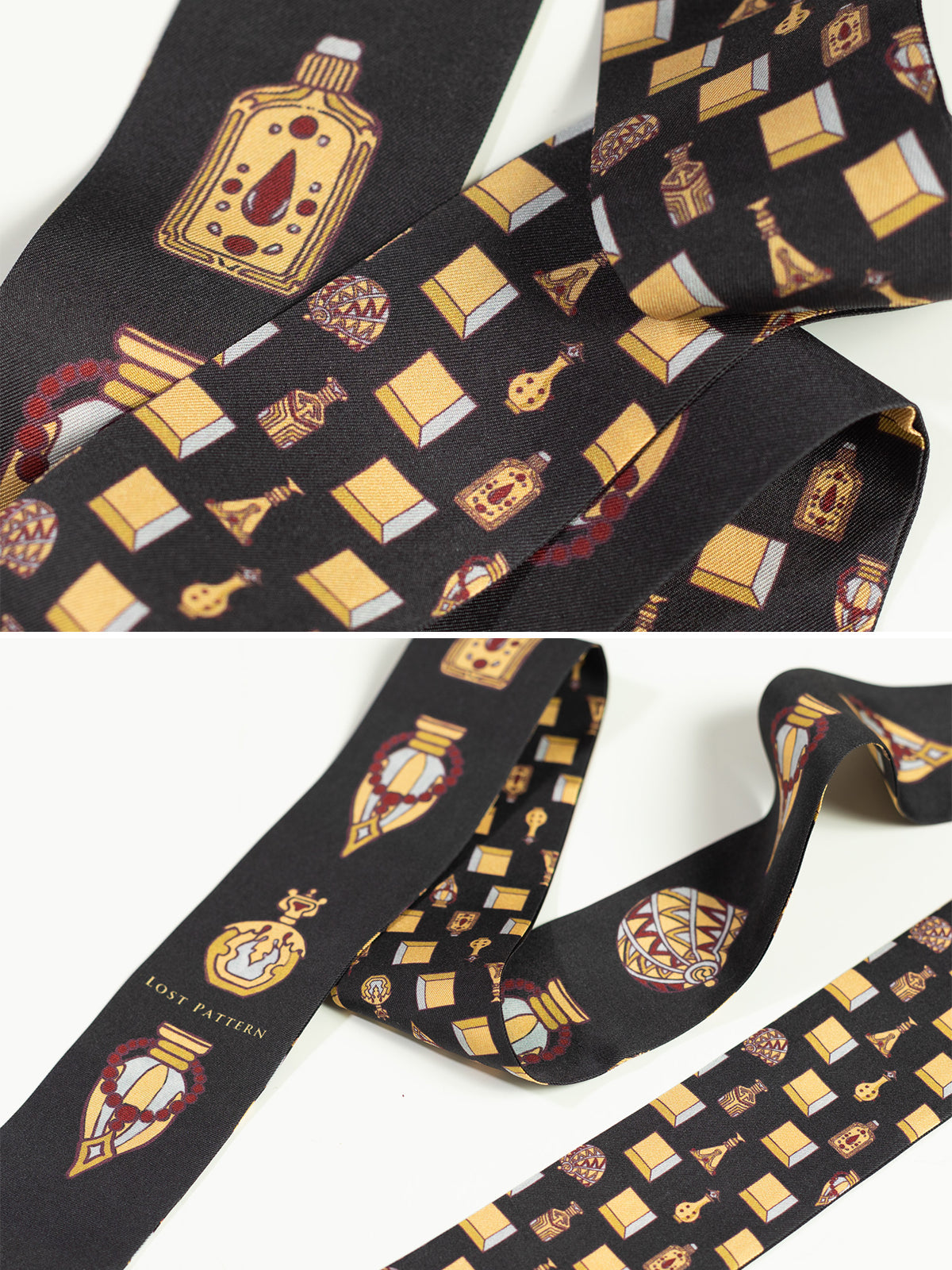 “Amora” Silk Skinny Scarf - Golden & Black