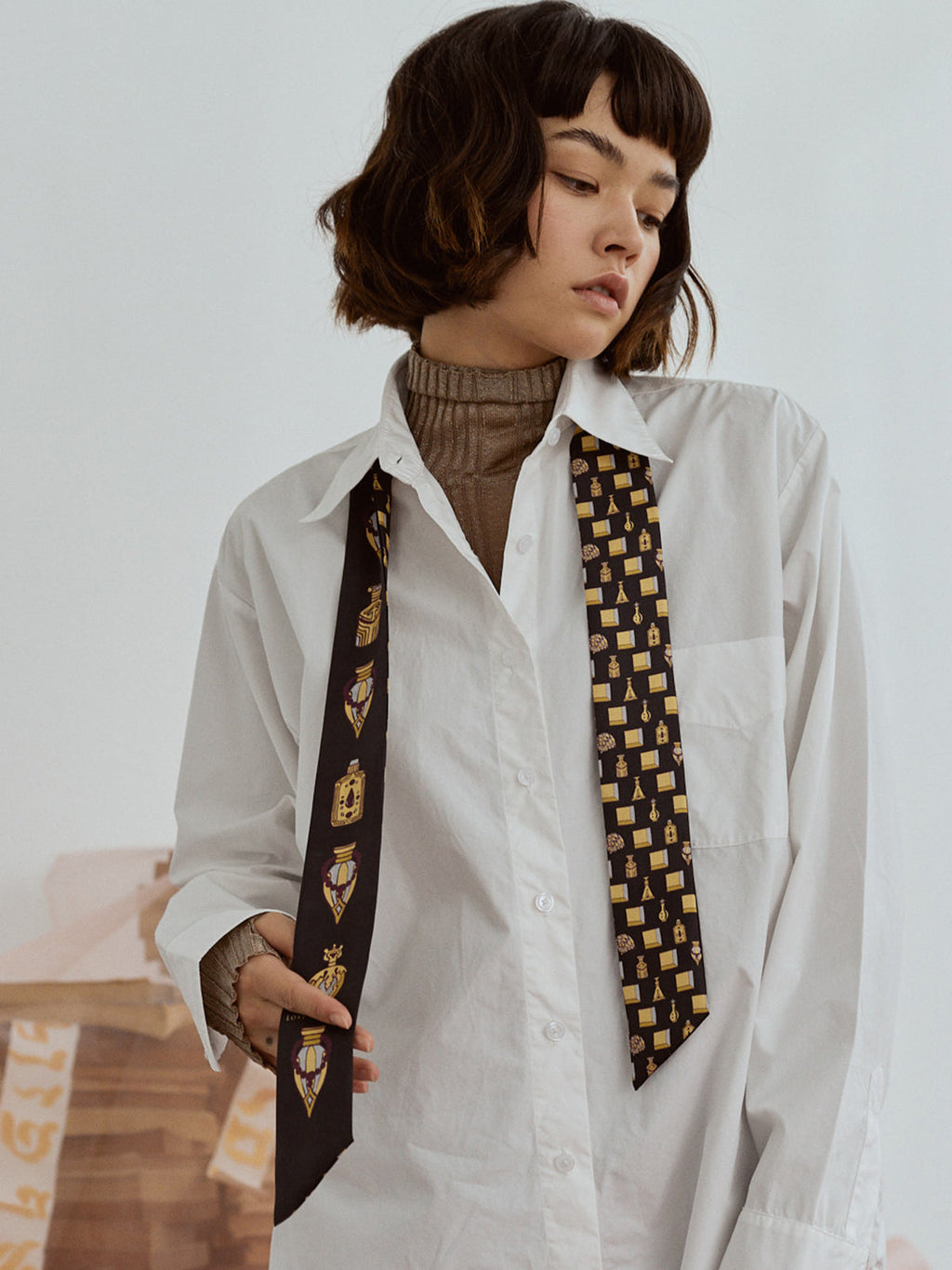 “Amora” Silk Skinny Scarf - Golden & Black