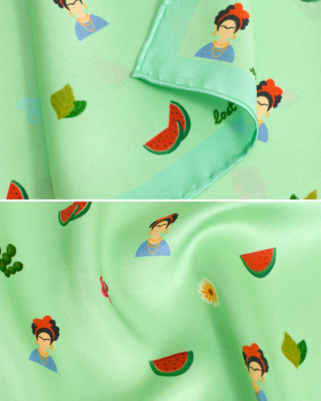 "Frida’s Desert Bloom" Silk Bandana Scarf - Green