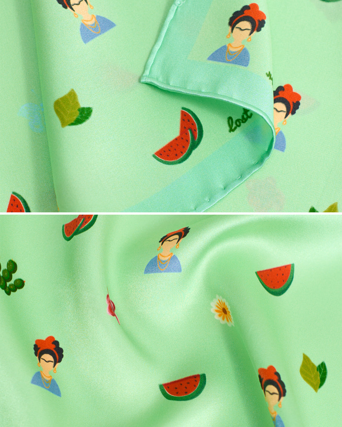 "Frida’s Desert Bloom" Silk Bandana Scarf - Green