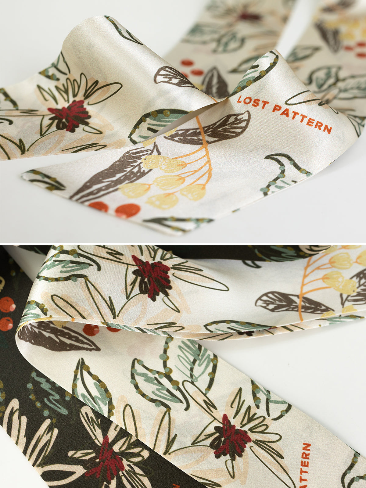 "Forest Charm" Silk Skinny Scarf - Vanilla