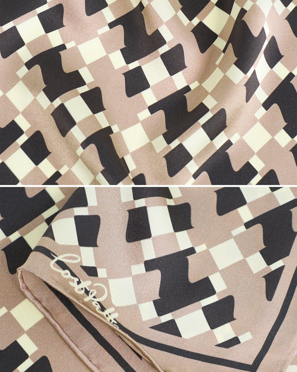 “Houndstooth Moderne” Silk Bandana Scarf - Coffee