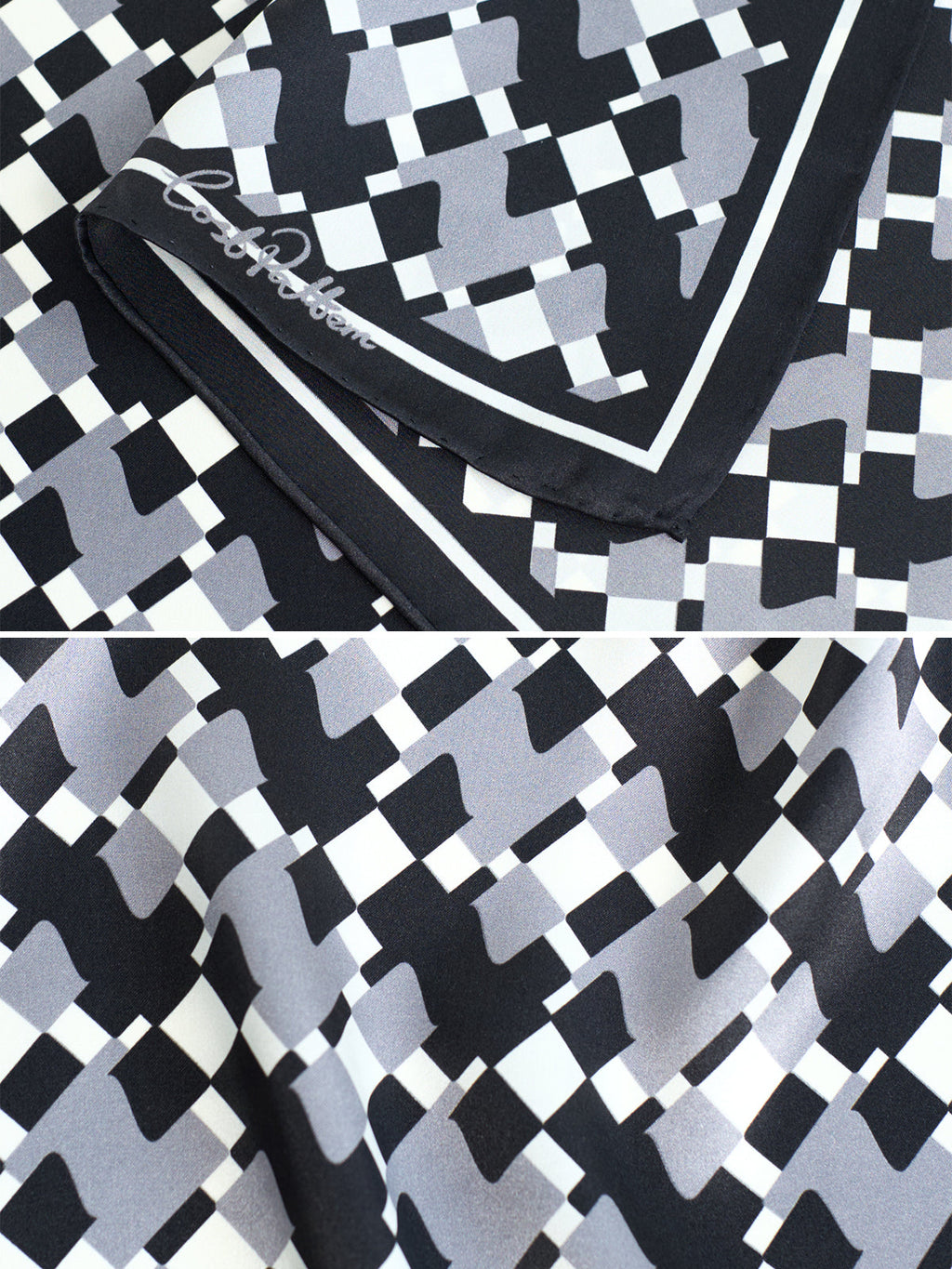 "Houndstooth Moderne" Silk Bandana Scarf - Grey