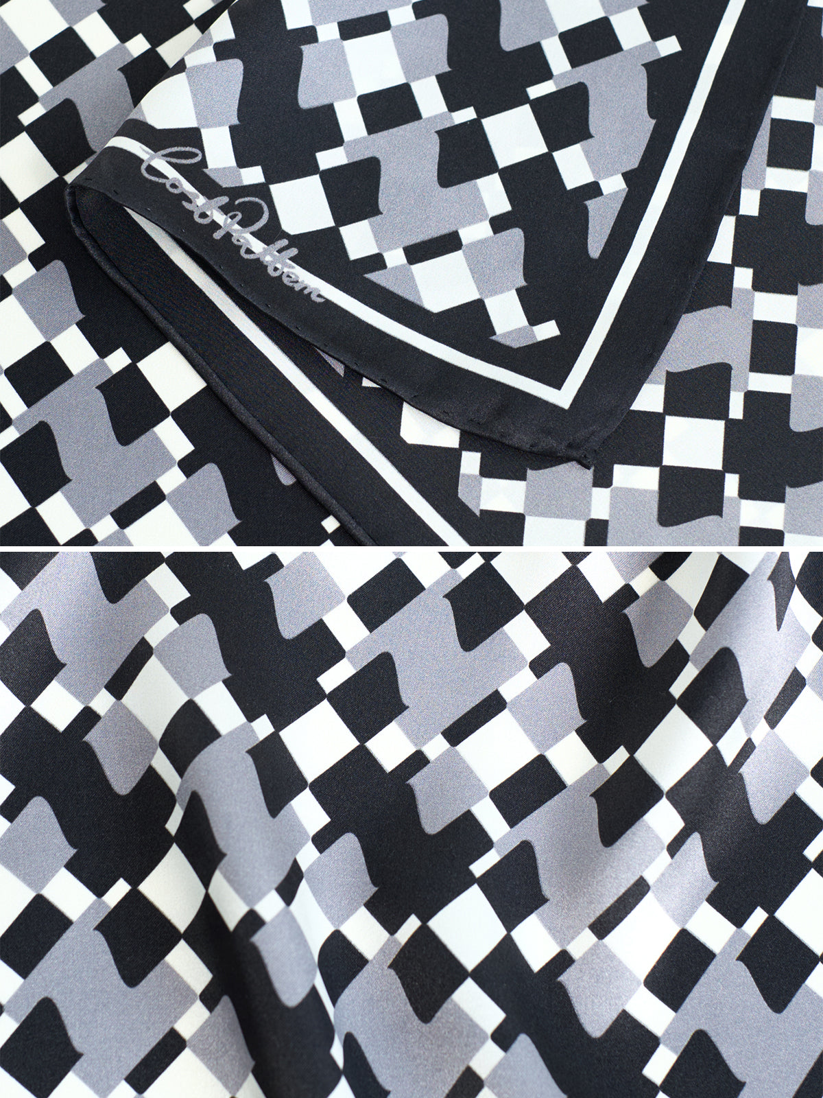 "Houndstooth Moderne" Silk Bandana Scarf - Grey