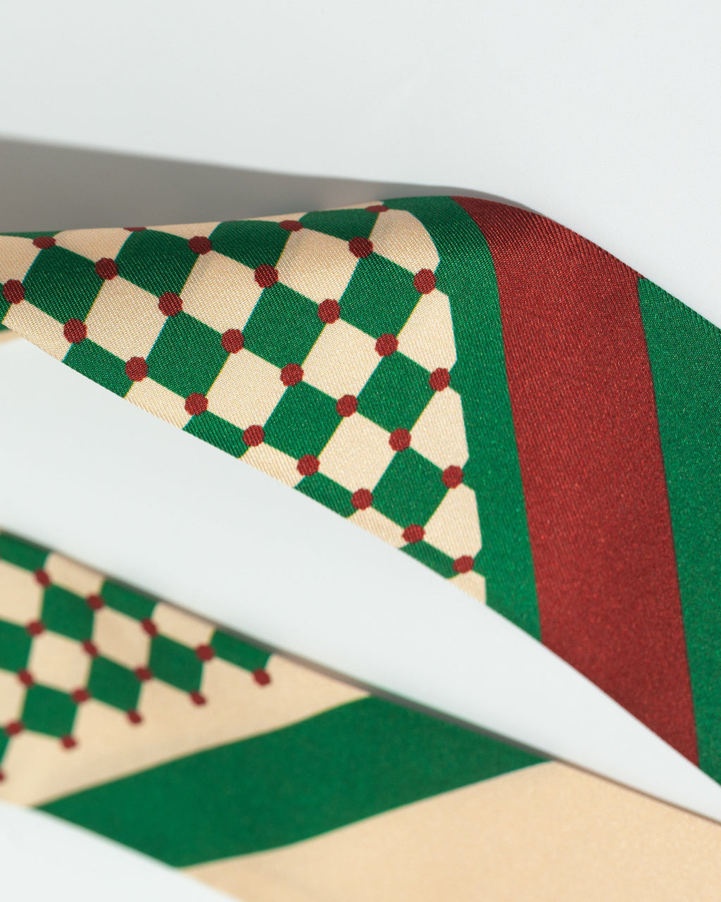 "Checkerboard" Silk Twill Skinny Scarf - Green