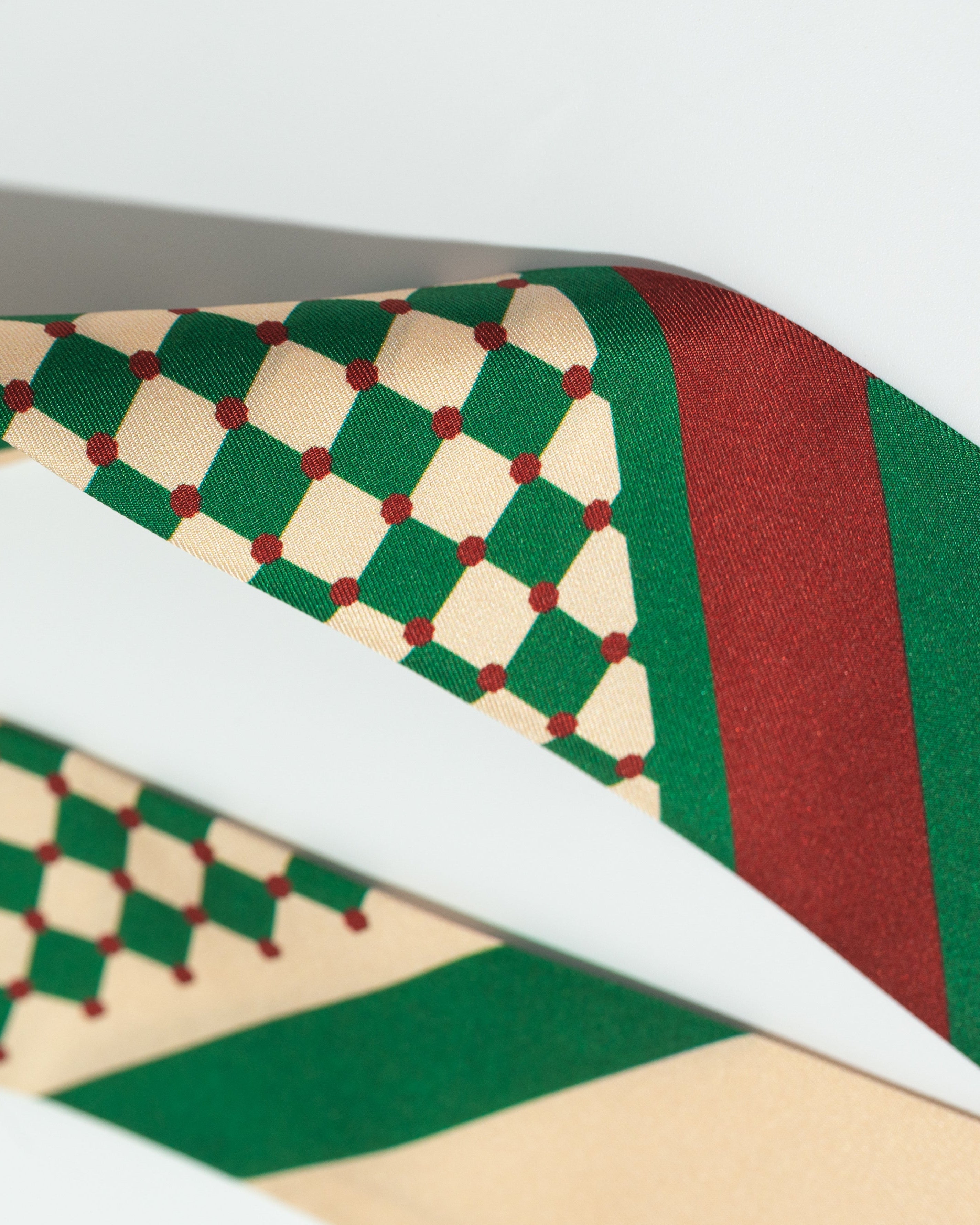 "Checkerboard" Silk Twill Skinny Scarf - Green
