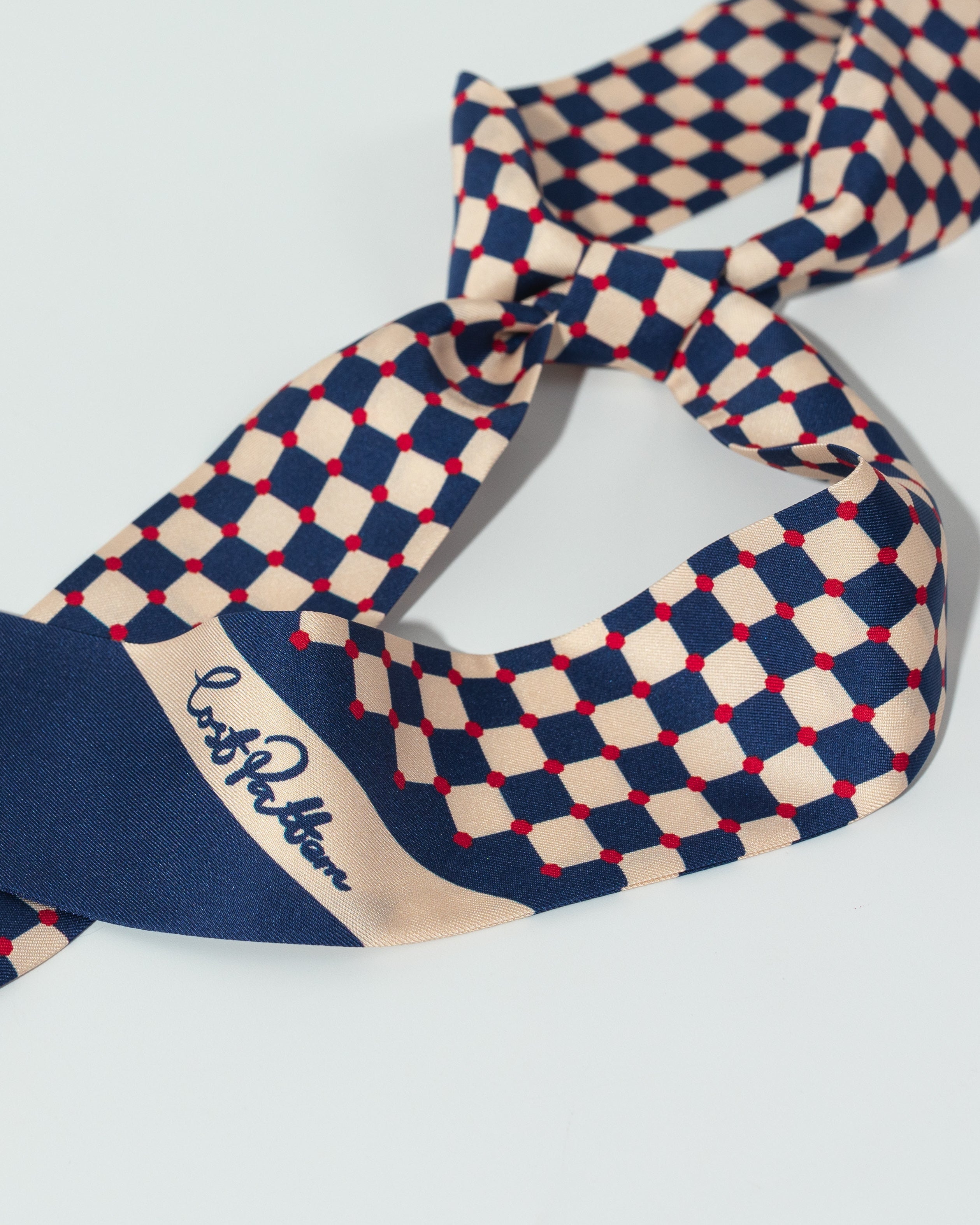 "Checkerboard" Silk Twill Skinny Scarf  - Blue