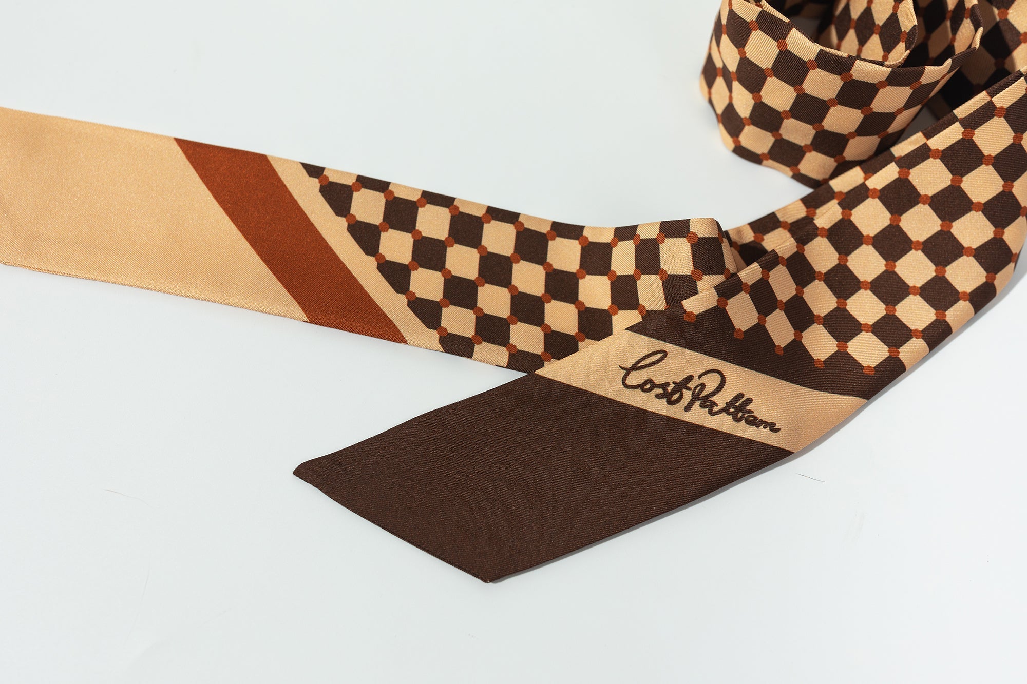 "Checkerboard" Silk Twill Skinny Scarf  - Coffee