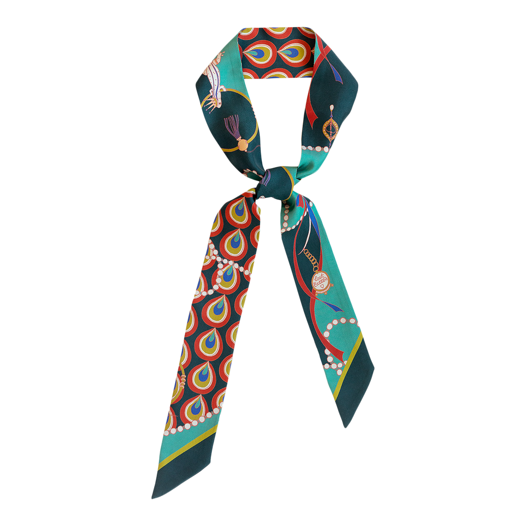 "Peacock" Silk Twill Skinny Scarf - Teal Green - LOST PATTERN Silk Skinny Scarf