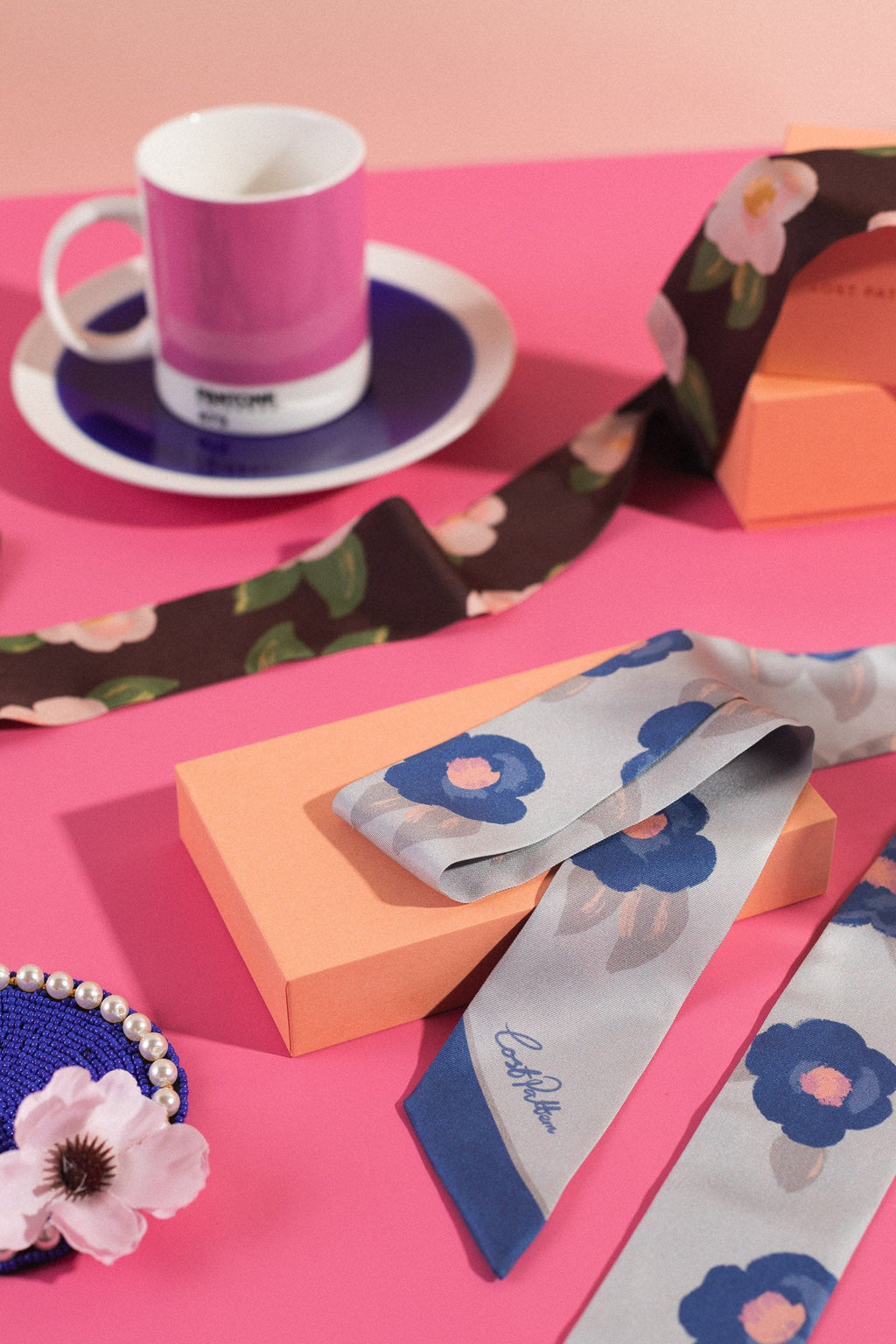 "Camellia" Silk Twill Skinny Scarf - Blue