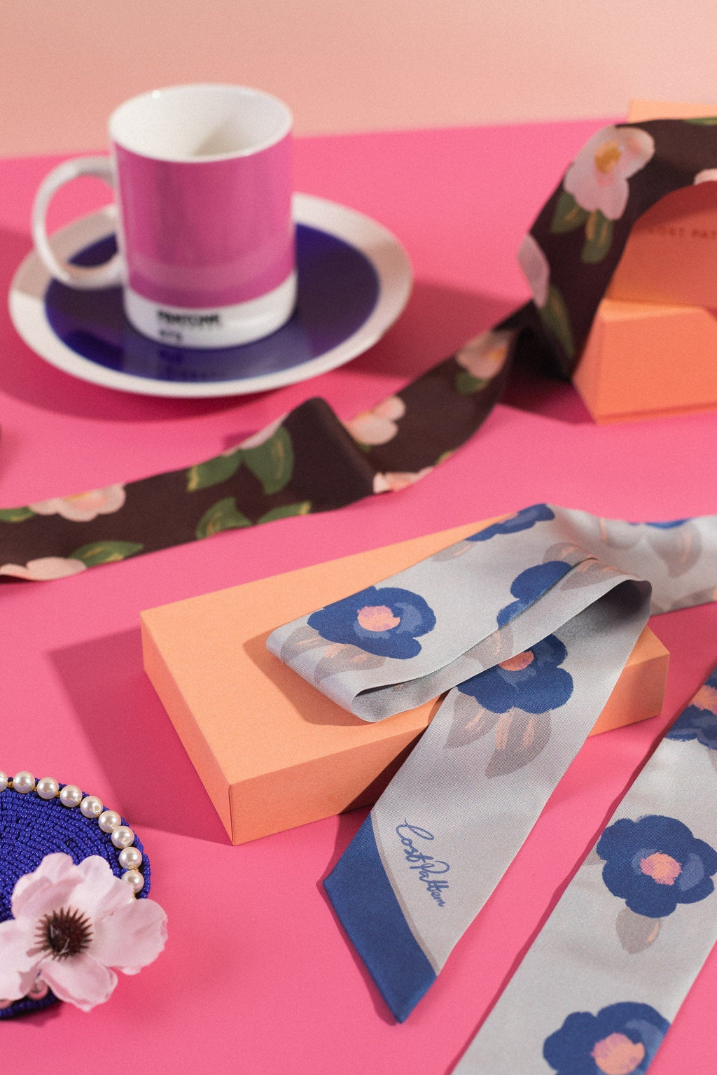 "Camellia" Silk Twill Skinny Scarf - Dark Brown