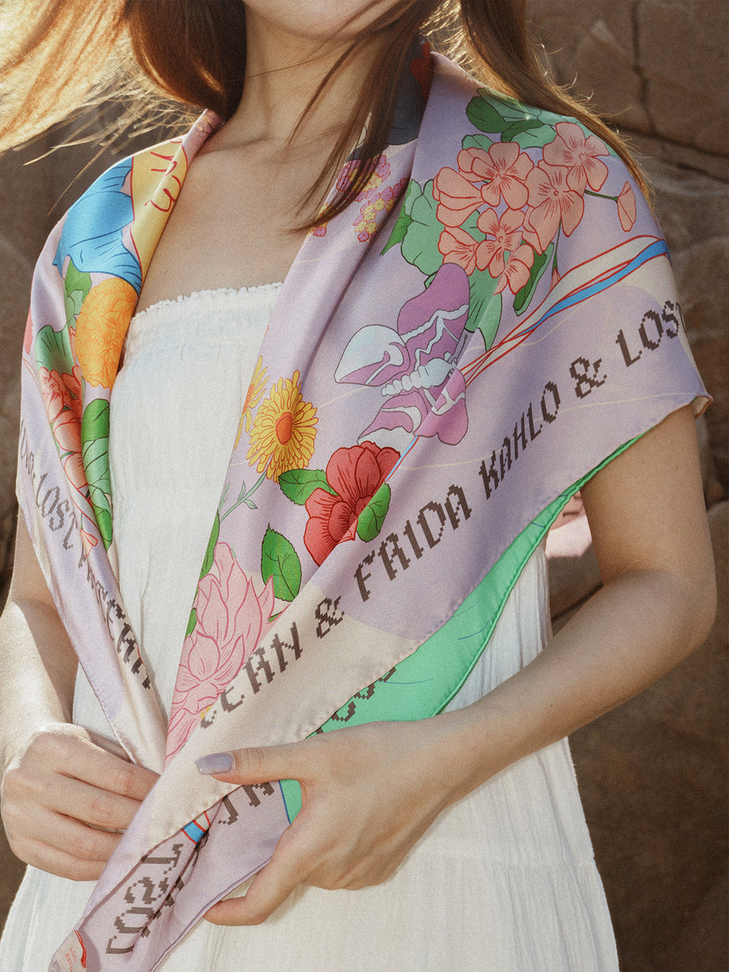 FRIDA x LOST PATTERN "Los Amores de Frida" Large Silk Scarf - Pink & Purple