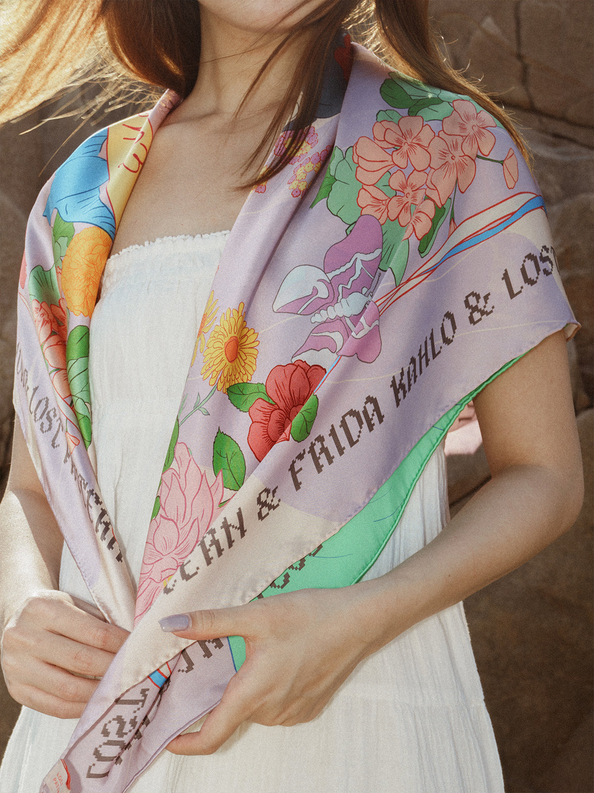 FRIDA x LOST PATTERN "Los Amores de Frida" Large Silk Scarf - Pink & Purple