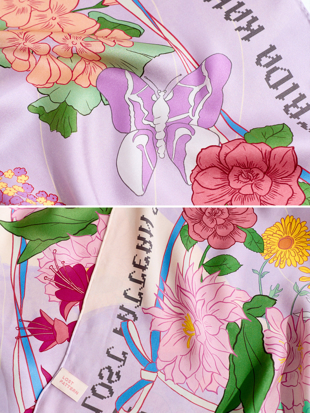 FRIDA x LOST PATTERN "Los Amores de Frida" Large Silk Scarf - Pink & Purple