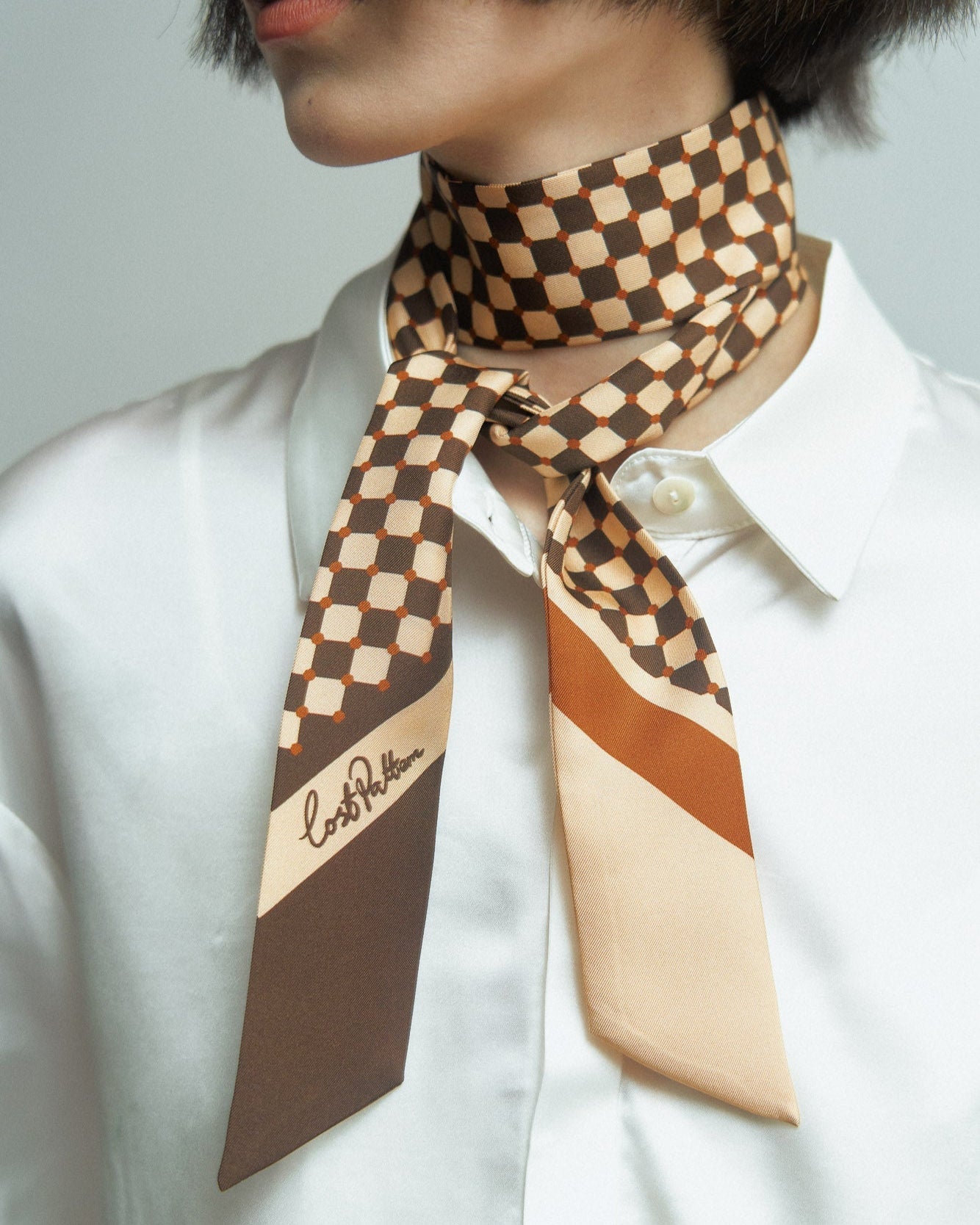 "Checkerboard" Silk Twill Skinny Scarf  - Coffee