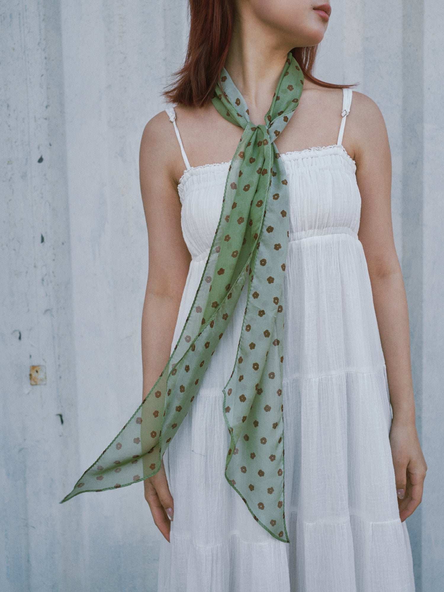 "Petal Veil" Silk Chiffon Neck Scarf - Matcha Green
