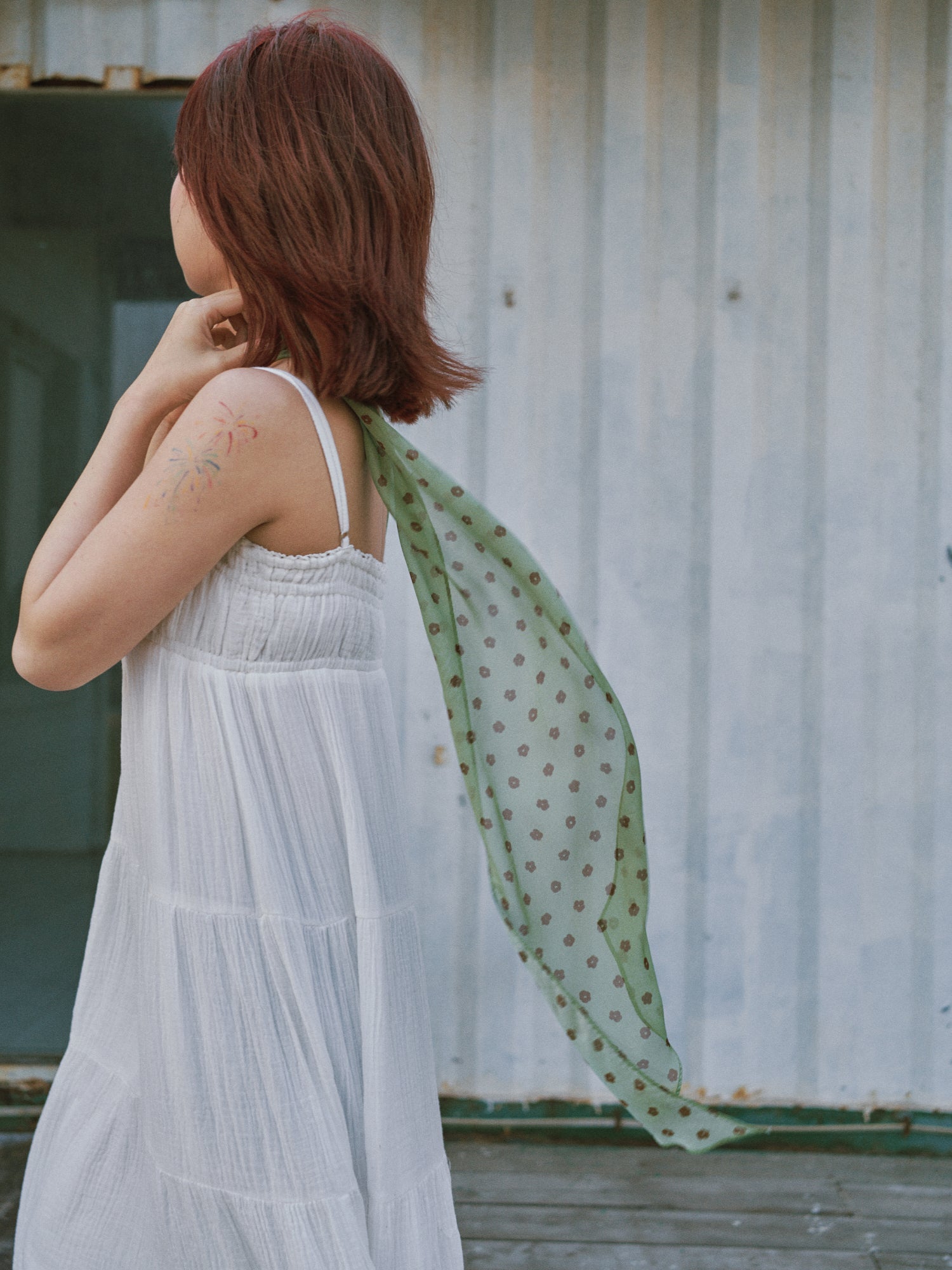 "Petal Veil" Silk Chiffon Neck Scarf - Matcha Green