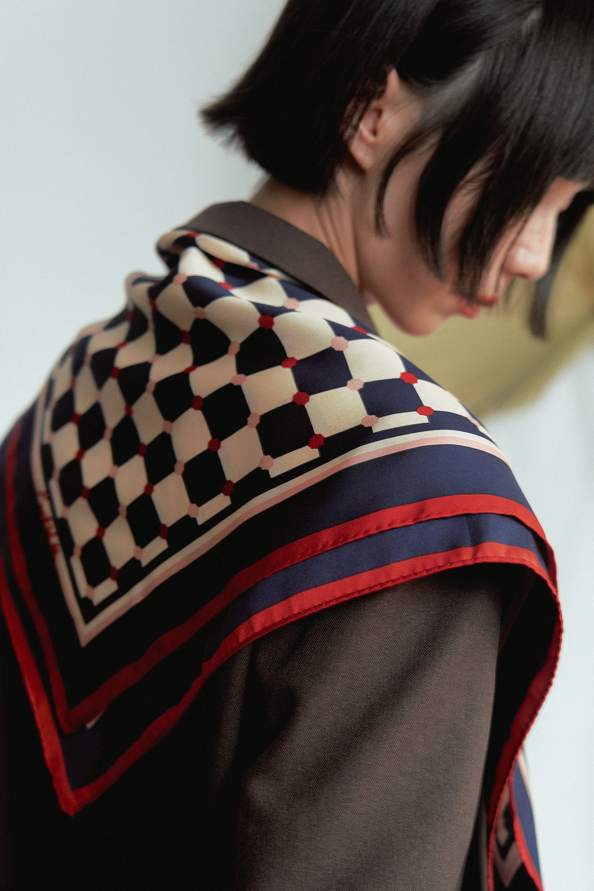 "Checkerboard" Silk  Bandana Scarf - Blue