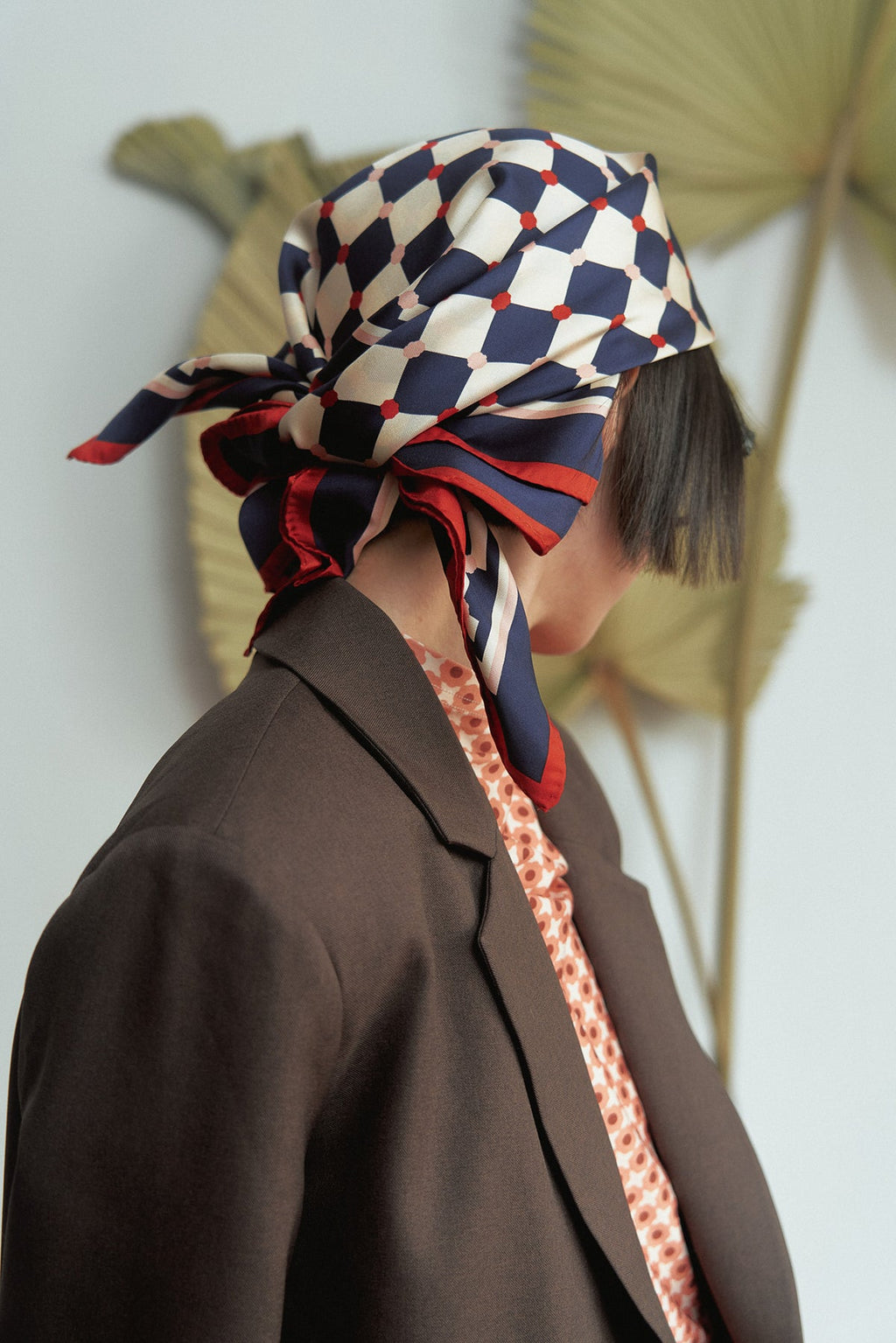 "Checkerboard" Silk  Bandana Scarf - Blue