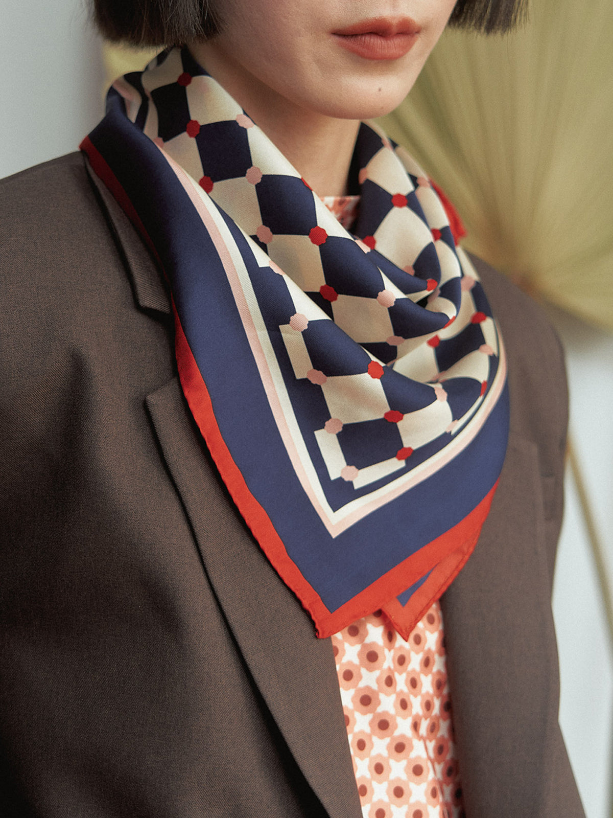 "Checkerboard" Silk  Bandana Scarf - Blue