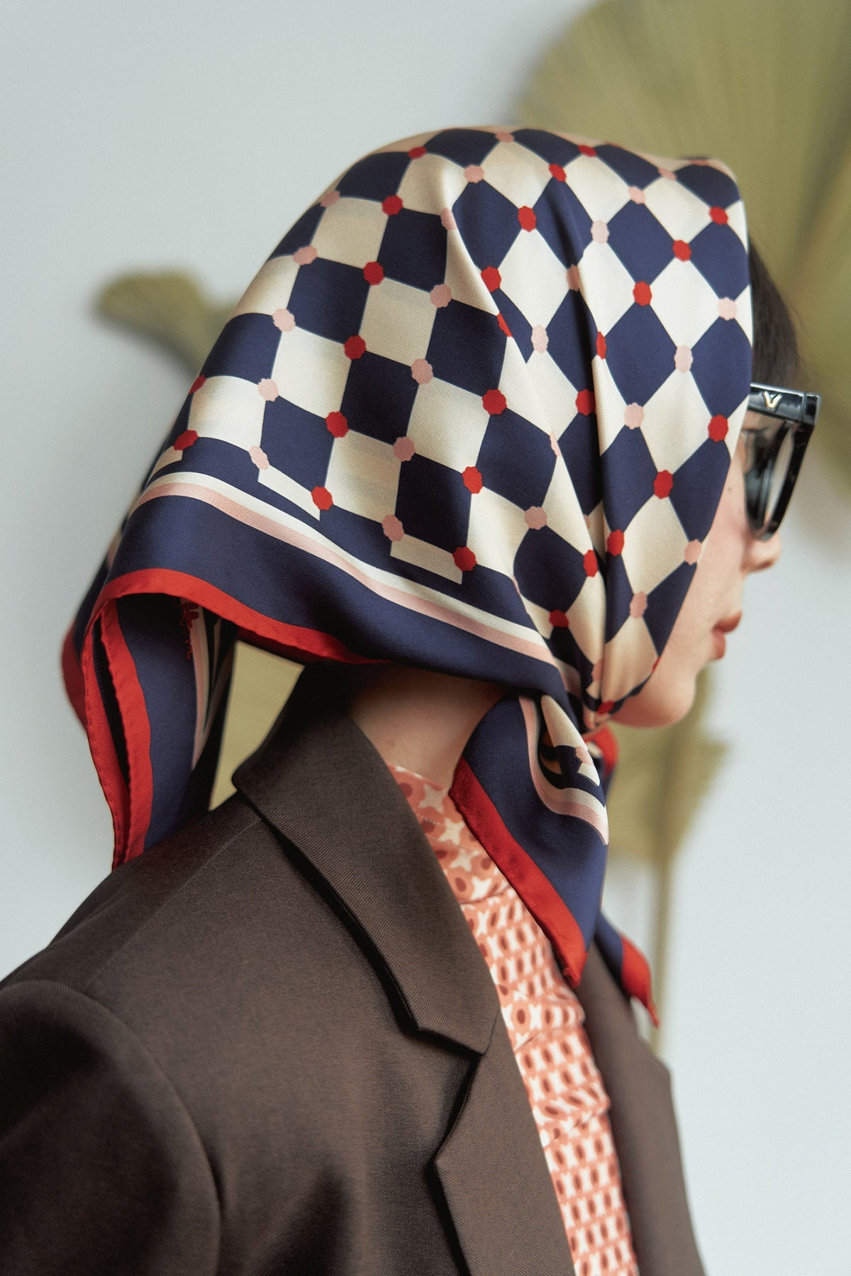 "Checkerboard" Silk  Bandana Scarf - Blue