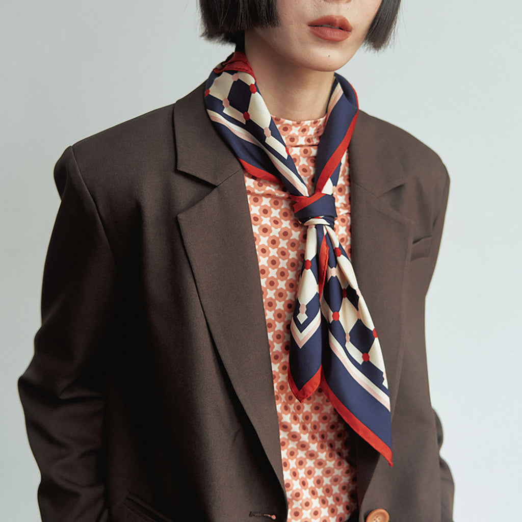 "Checkerboard" Silk  Bandana Scarf - Blue