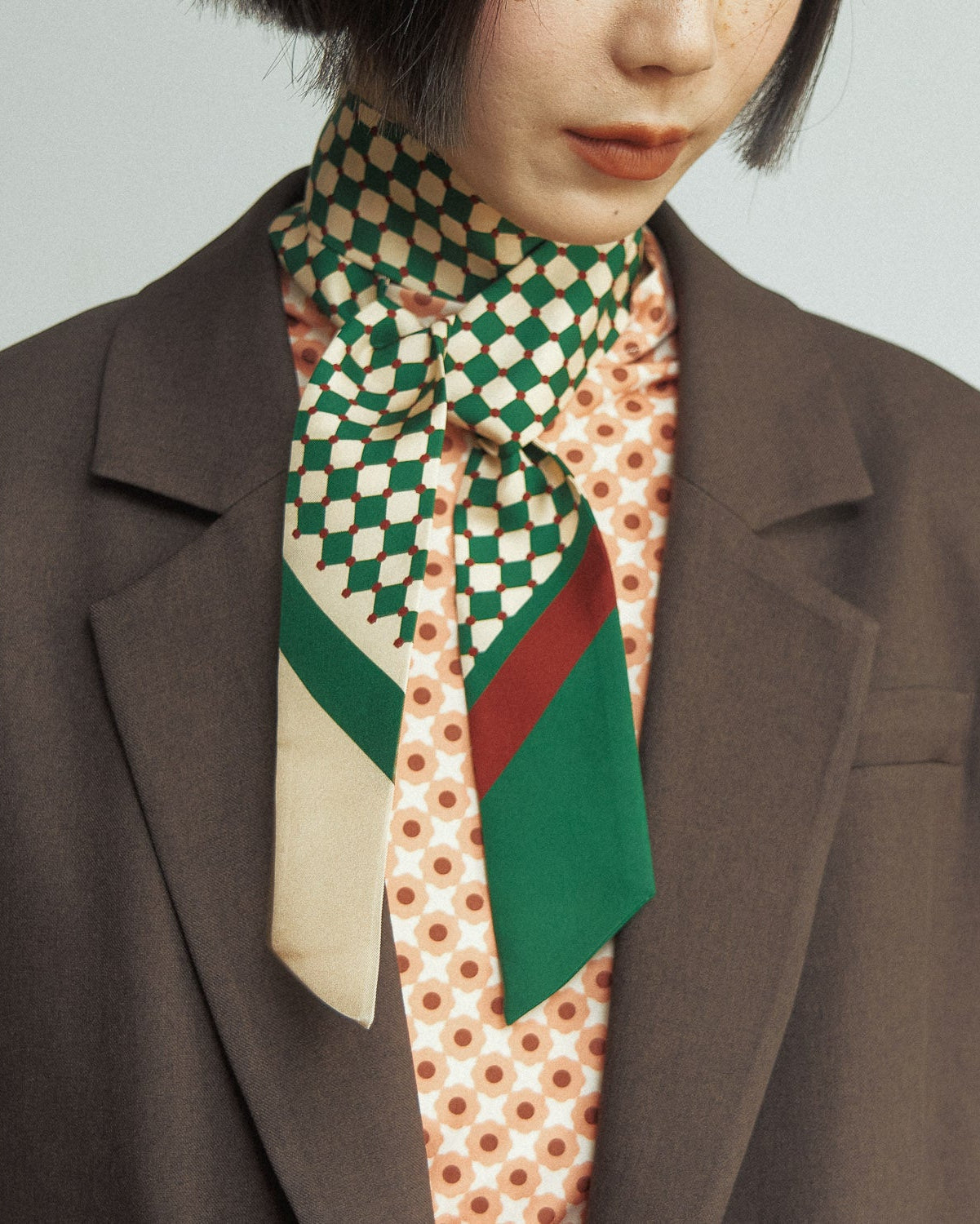 "Checkerboard" Silk Twill Skinny Scarf - Green