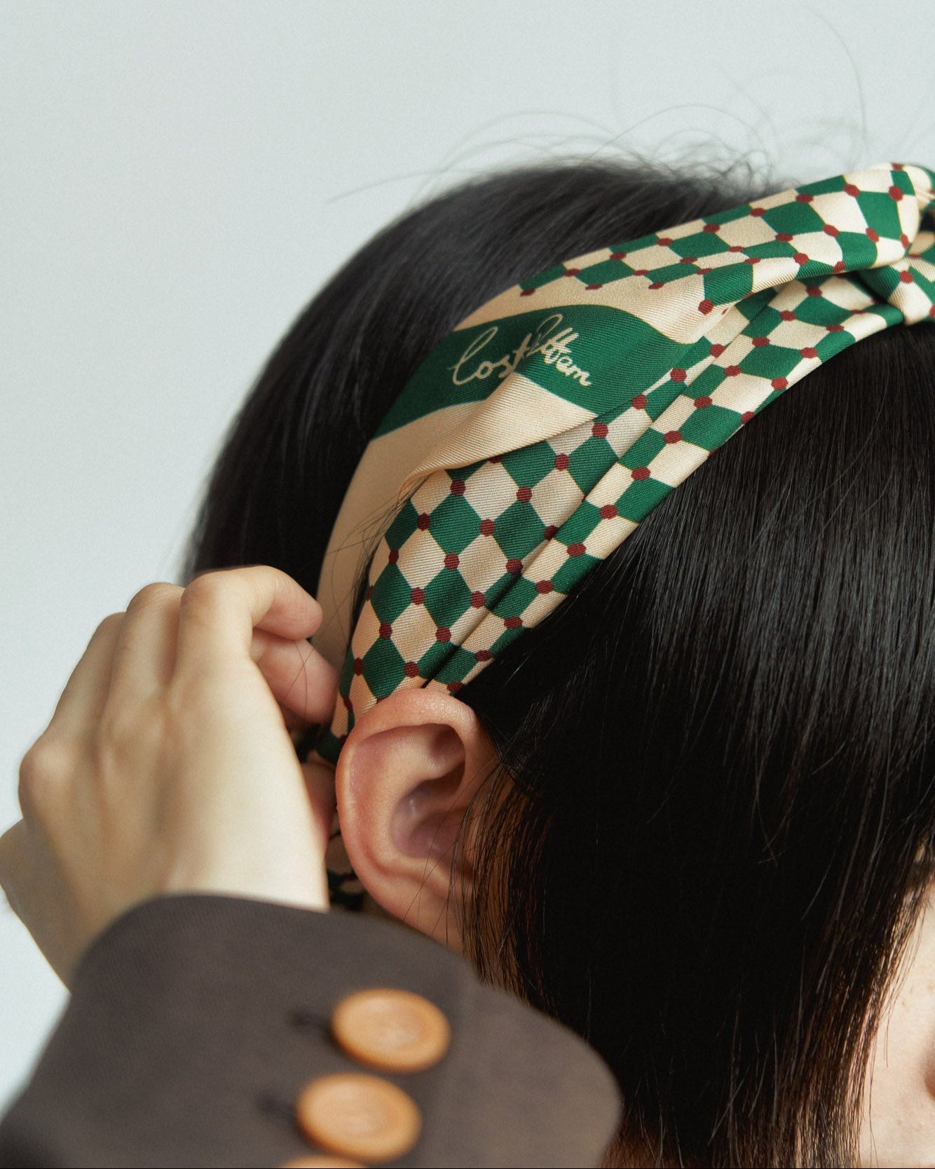 "Checkerboard" Silk Twill Skinny Scarf - Green