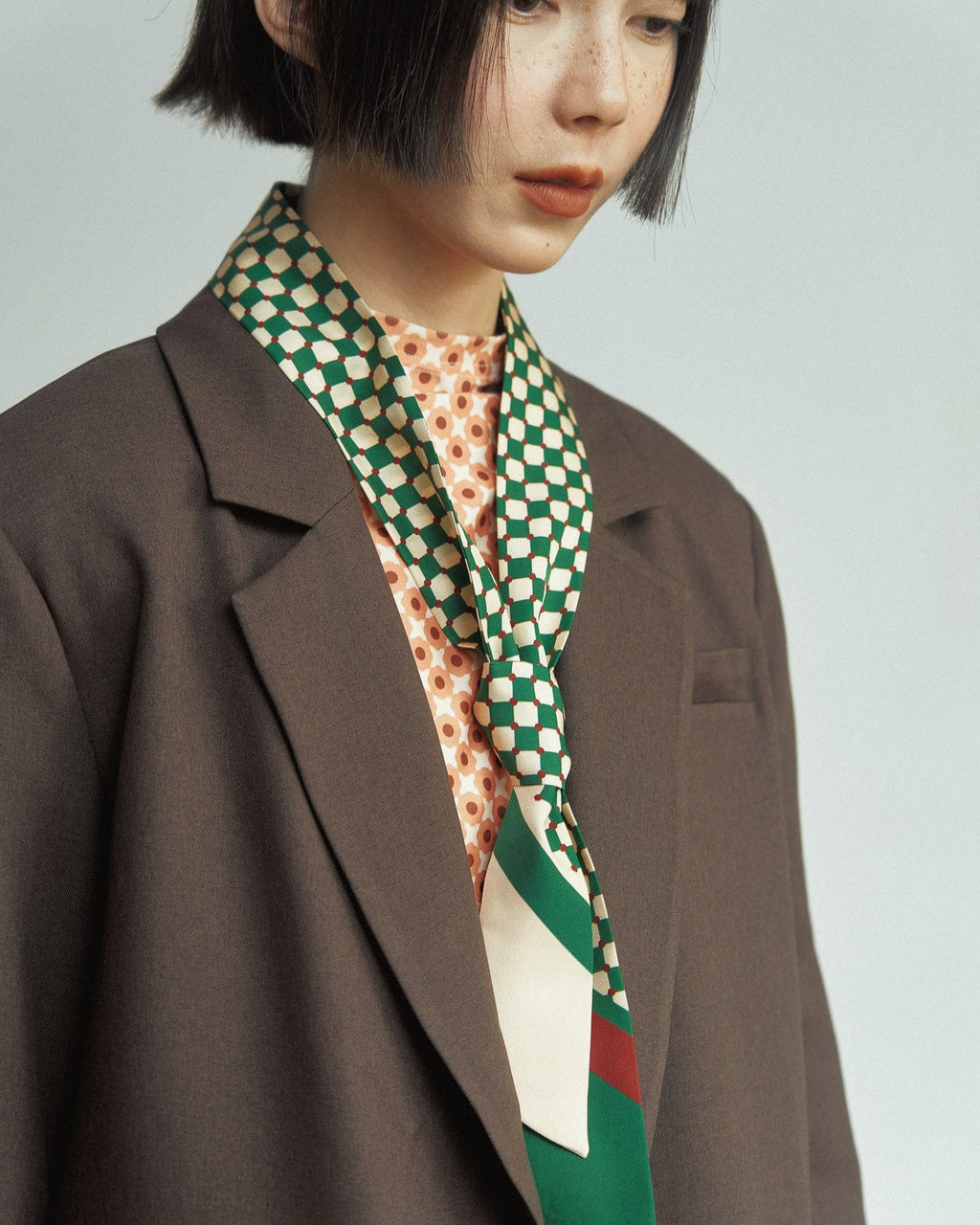 "Checkerboard" Silk Twill Skinny Scarf - Green