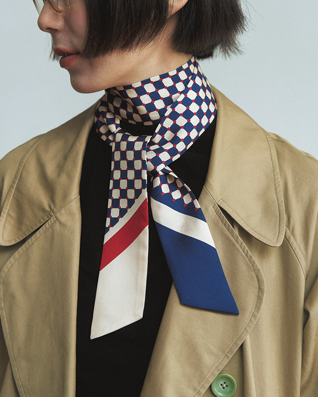 "Checkerboard" Silk Twill Skinny Scarf  - Blue