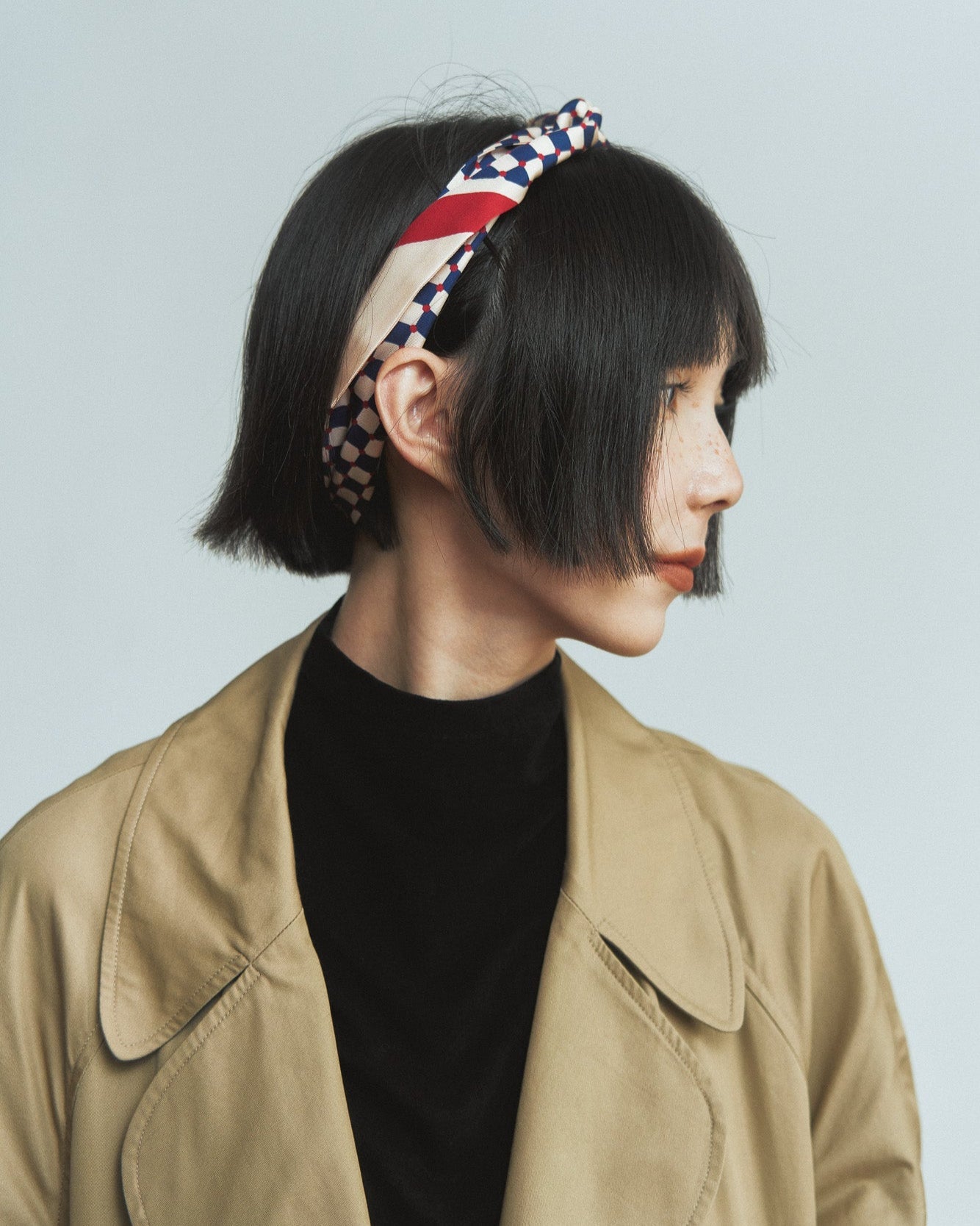 "Checkerboard" Silk Twill Skinny Scarf  - Blue