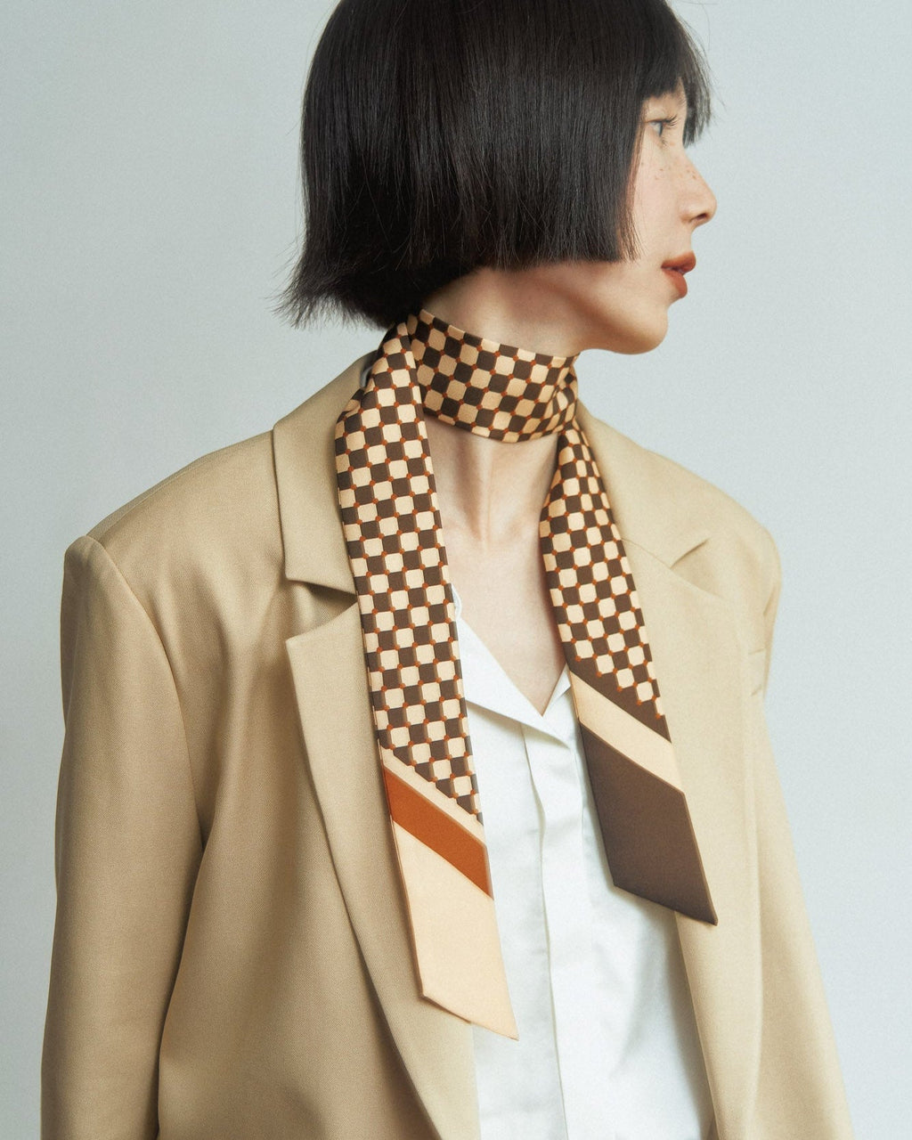 "Checkerboard" Silk Twill Skinny Scarf  - Coffee