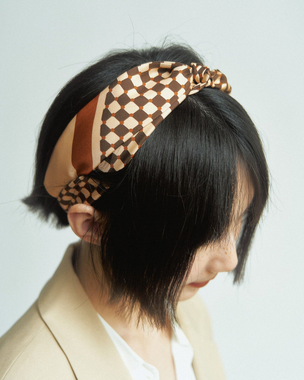 "Checkerboard" Silk Twill Skinny Scarf  - Coffee