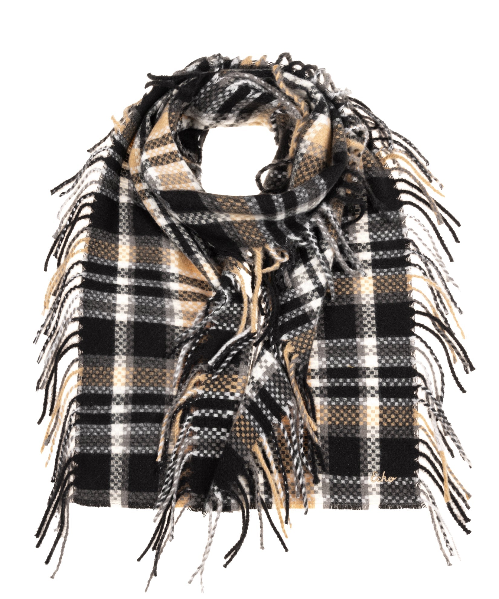 Vintage Plaid Side Fringe Scarf in color black