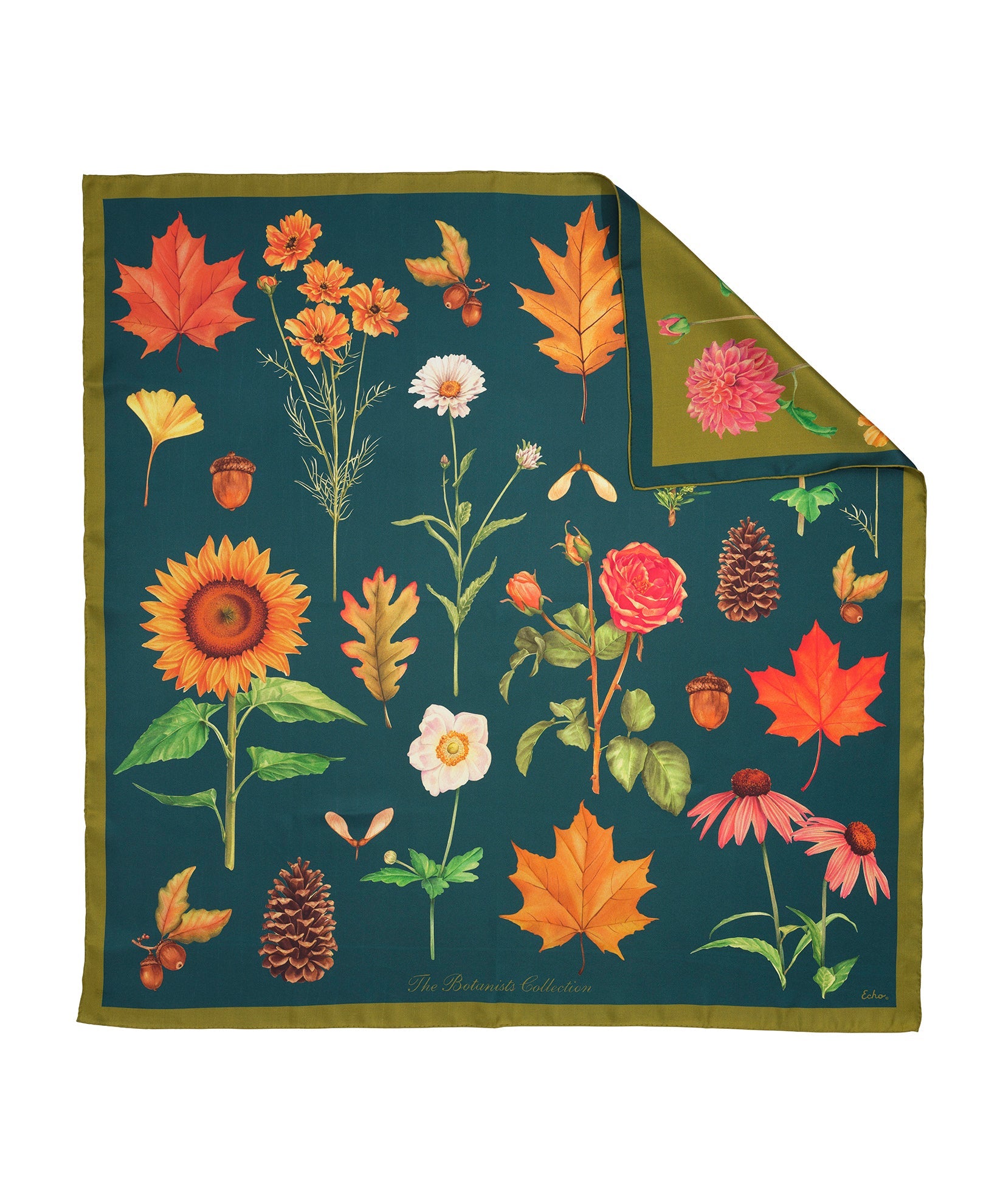 The Botanists 35" Silk Square Scarf in color bottle green