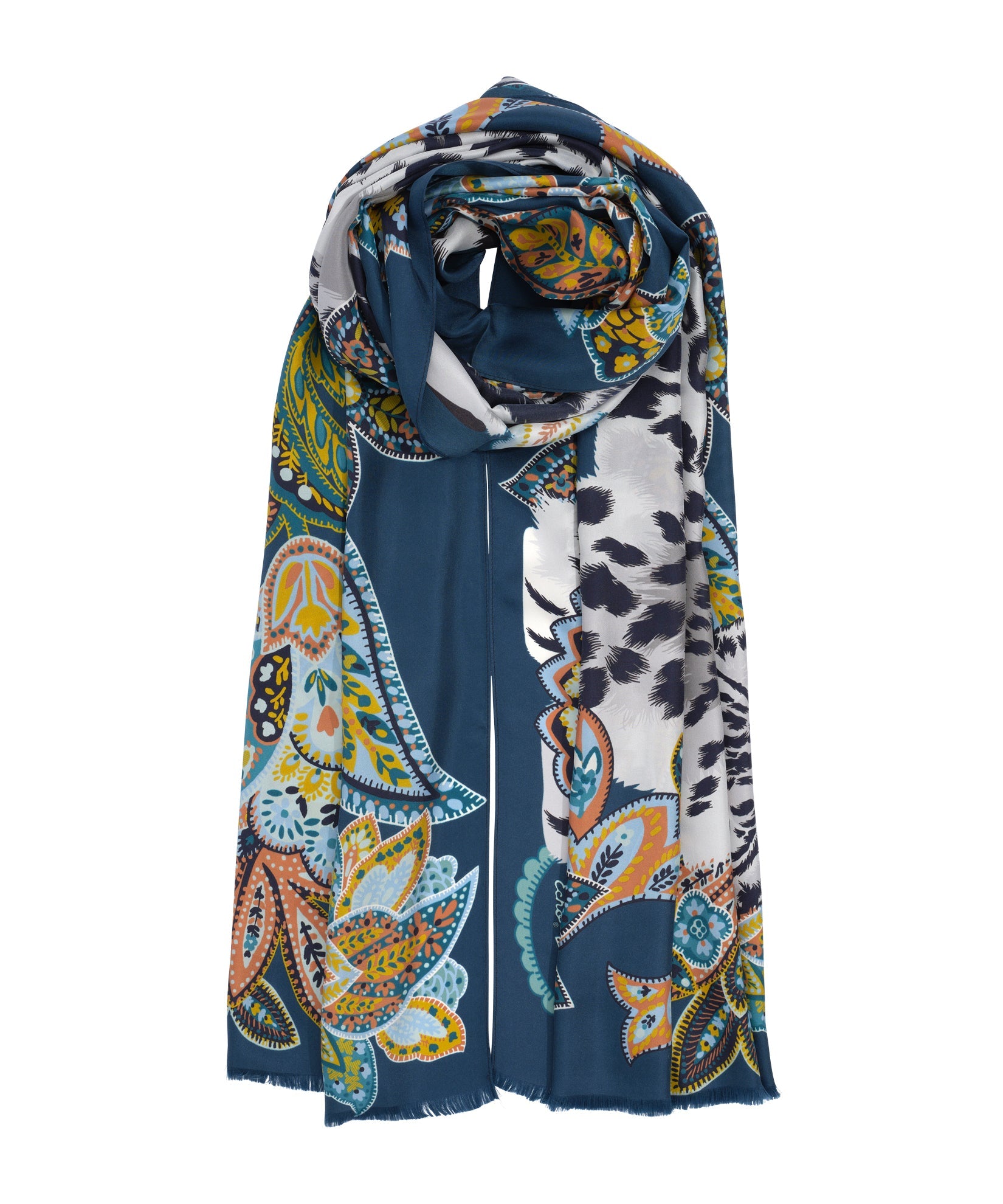 Snow Leopard Silk Wrap in color denim blue